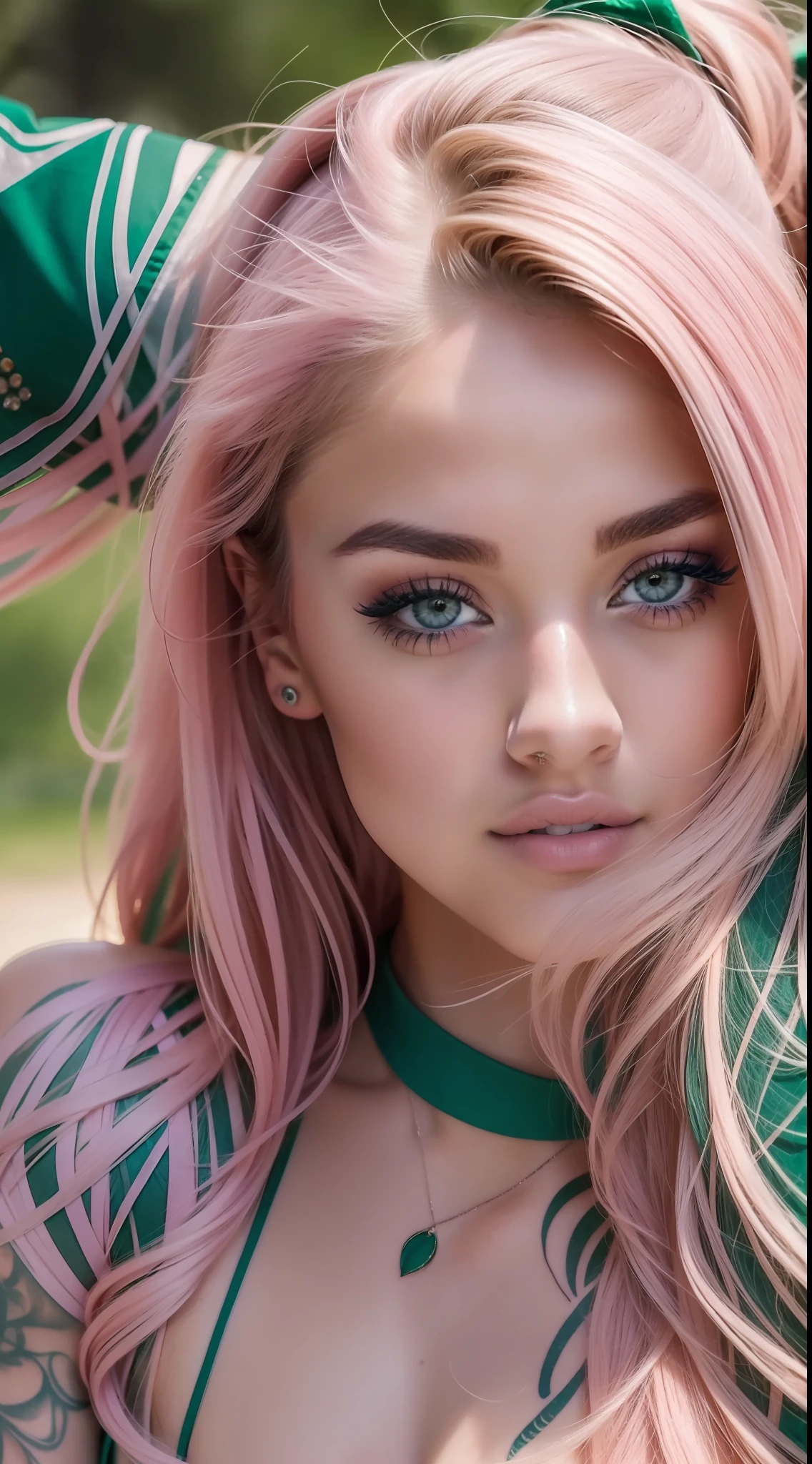 close up portrait photo, sexy white 21 year old in the world, ([Selena Gomez|Phoebe Dynevor|Ariana Grande]), perfect body, (makeup), natural lipstick, (tan lines), seductive flirty smile, (very long pink messy hair), (emerald green eyes), (tattoo sleeve on right arm:1.2), shot on Nikon D850, 16k, sharp focus, masterpiece, breathtaking, atmospheric perspective, diffusion, pore correlation, skin imperfections, DSLR, depth of field, intricate natural lighting,
