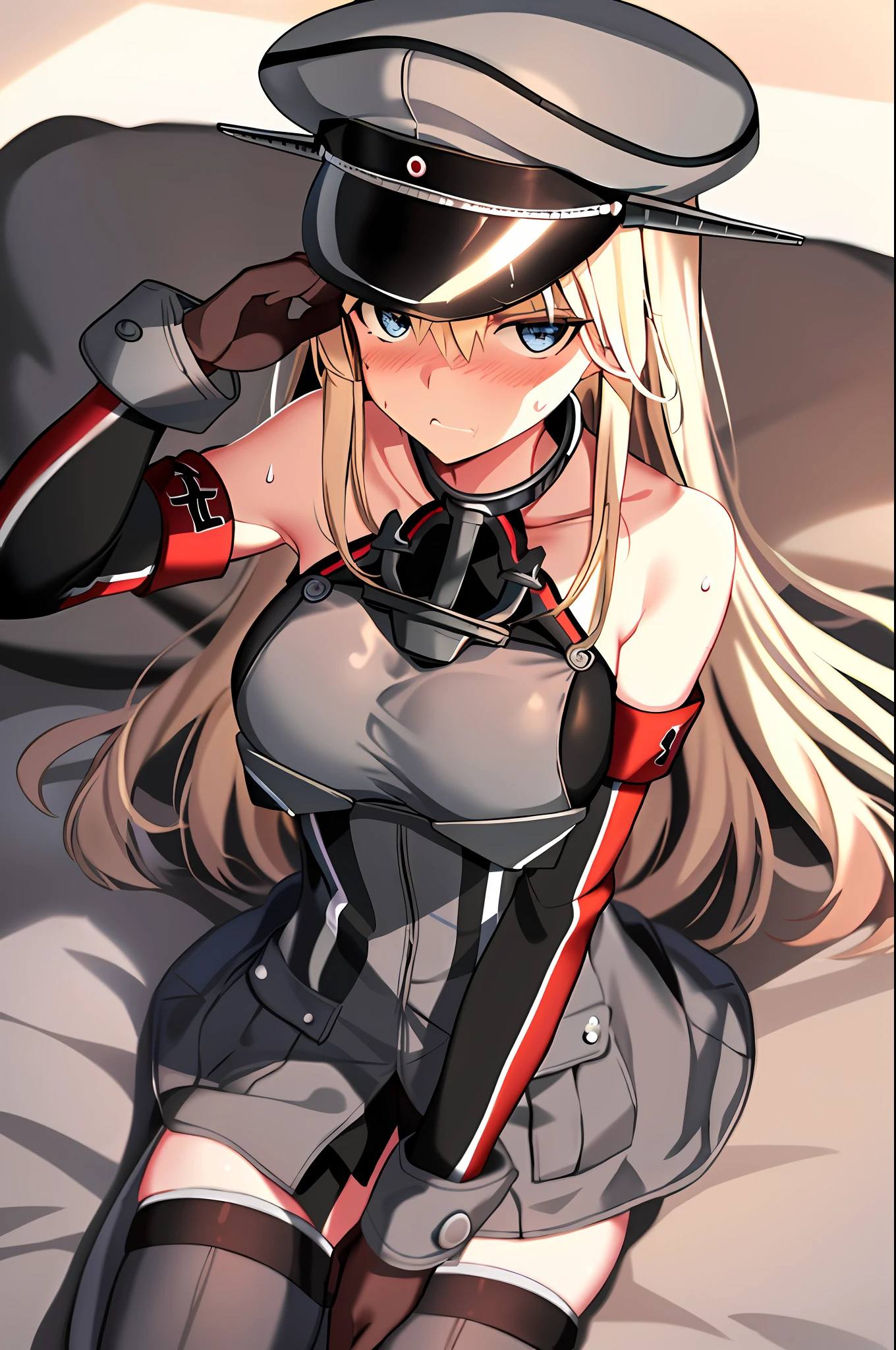 absurdres, 1girl, Bismarck /(Kancolle/), lying on bed, looking at viewer, [angry:scared:0.3], clenched teeth, ((disgust, shaded face:1.15), (sweat, sweatdrop)),  arms up, blonde hair, blue eyes, large breasts, military uniform, military hat, peaked cap, hat ornament, black panties, detached sleeves ,brown gloves, anchor, grey thighhighs, long sleeves, outdoors, (erotic, lewd:1.05),