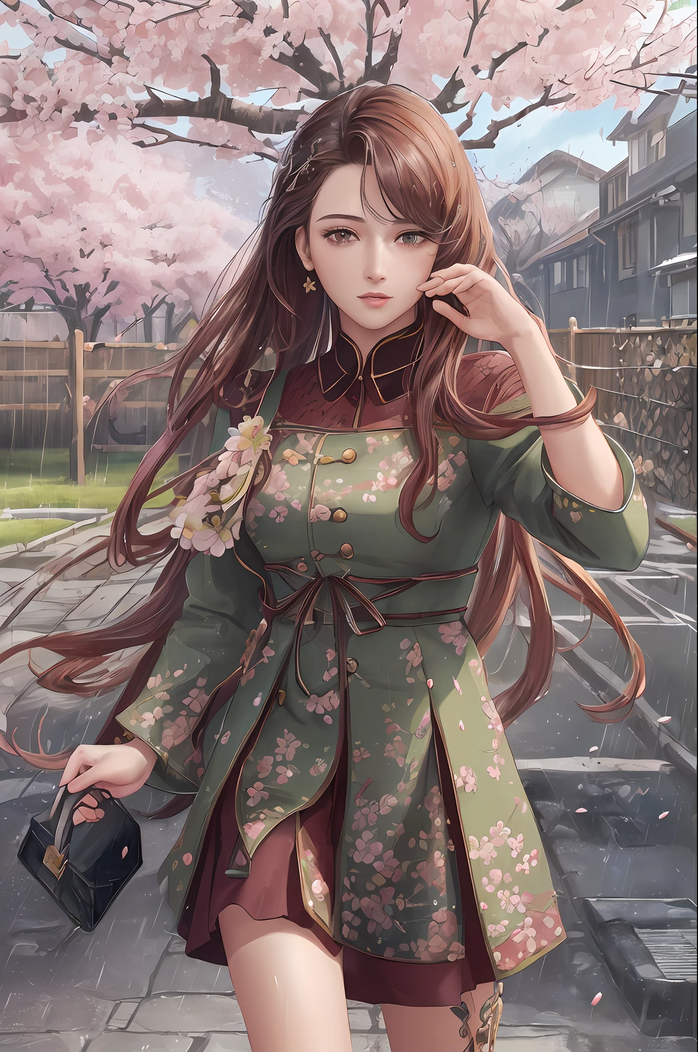 ((Ultra-realistic detail.) (Masterpiece, Top Quality, Best Quality, Official Art, Beauty and Aesthetics: 1.2), Very Detailed, Colorful, Most Detailed, Branches, Buildings, Barbed Wire, Cherry Blossoms, Fences, Long Hair, Outdoor, Petals, Landscape, Rain, Trees, Sky, Street, Real