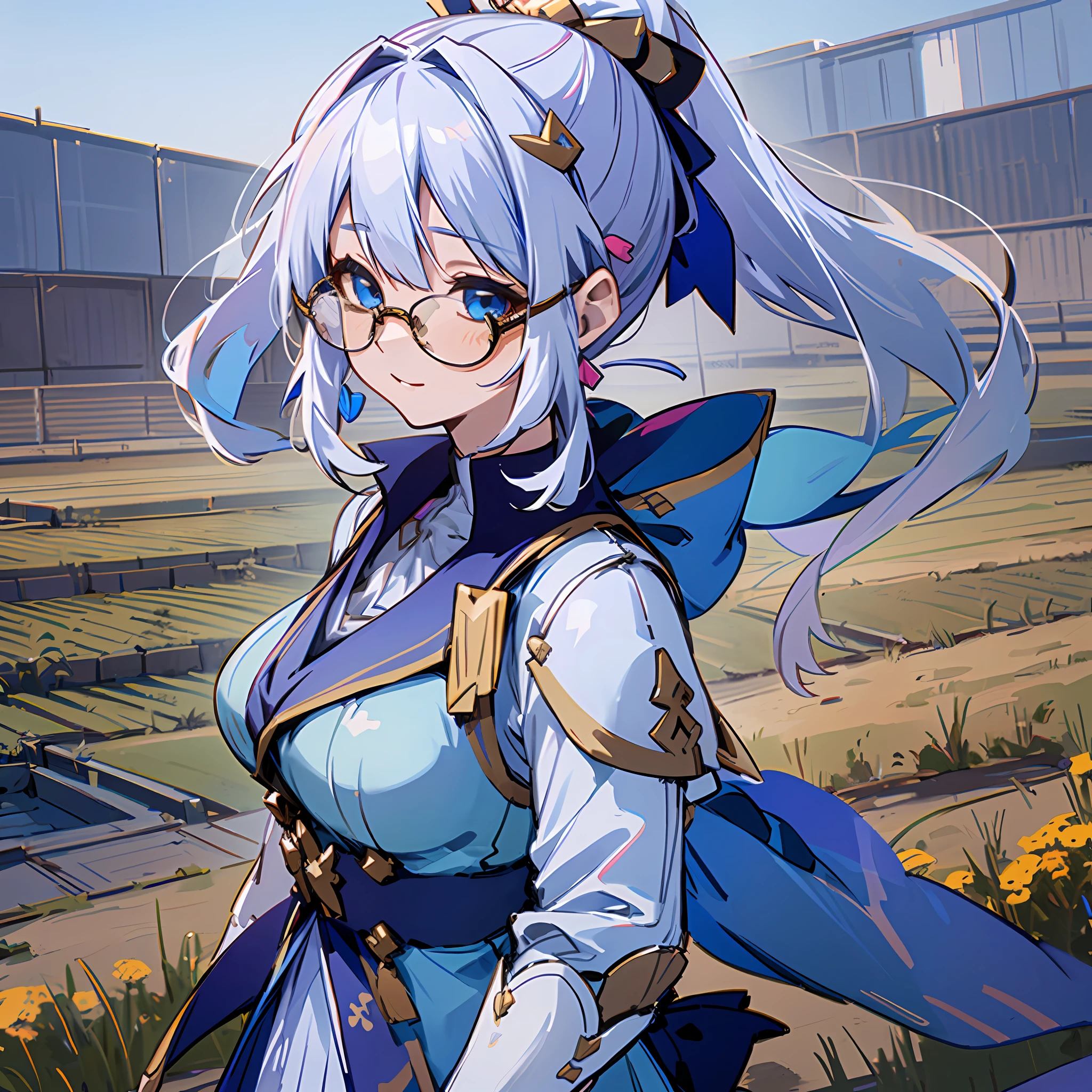 Ayaka, the Solemn Knight with a Ponytail, wearing Glasses and White Hair, is standing in the middle of a Field Background, adding a touch of Knight Armor(0.7) to her charm. She has a Medium Breast and an inviting Smile with her Hair Accessories, best quality, 4k