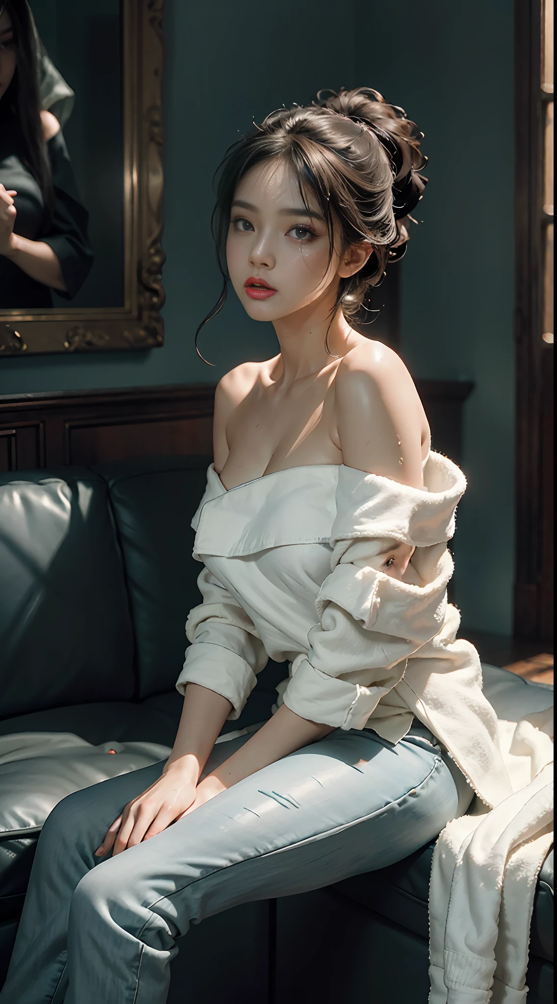 RAW, Masterpiece, Ultra Fine Photography, Best Quality, Ultra High Resolution, Photorealistic, Sunlight, Full Body Portrait, Stunningly Beautiful, Dynamic Pose, Delicate Face, Vivid Eyes, (Side View), She Wears On One Side Bath Towel After Bath, Wearing Pants, Off Shoulder, Sitting on the Sofa, Highly Detailed Background, Detailed Face, detailed busy bedroom, messy, gorgeous, milky, detailed skin, realistic skin details, visible pores, sharp focus, volumetric fog, 8k UHD, dslr, high quality, film grain, white skin, photorealism, lomography, futuristic dystopian vast metropolis, seen from below, translucent