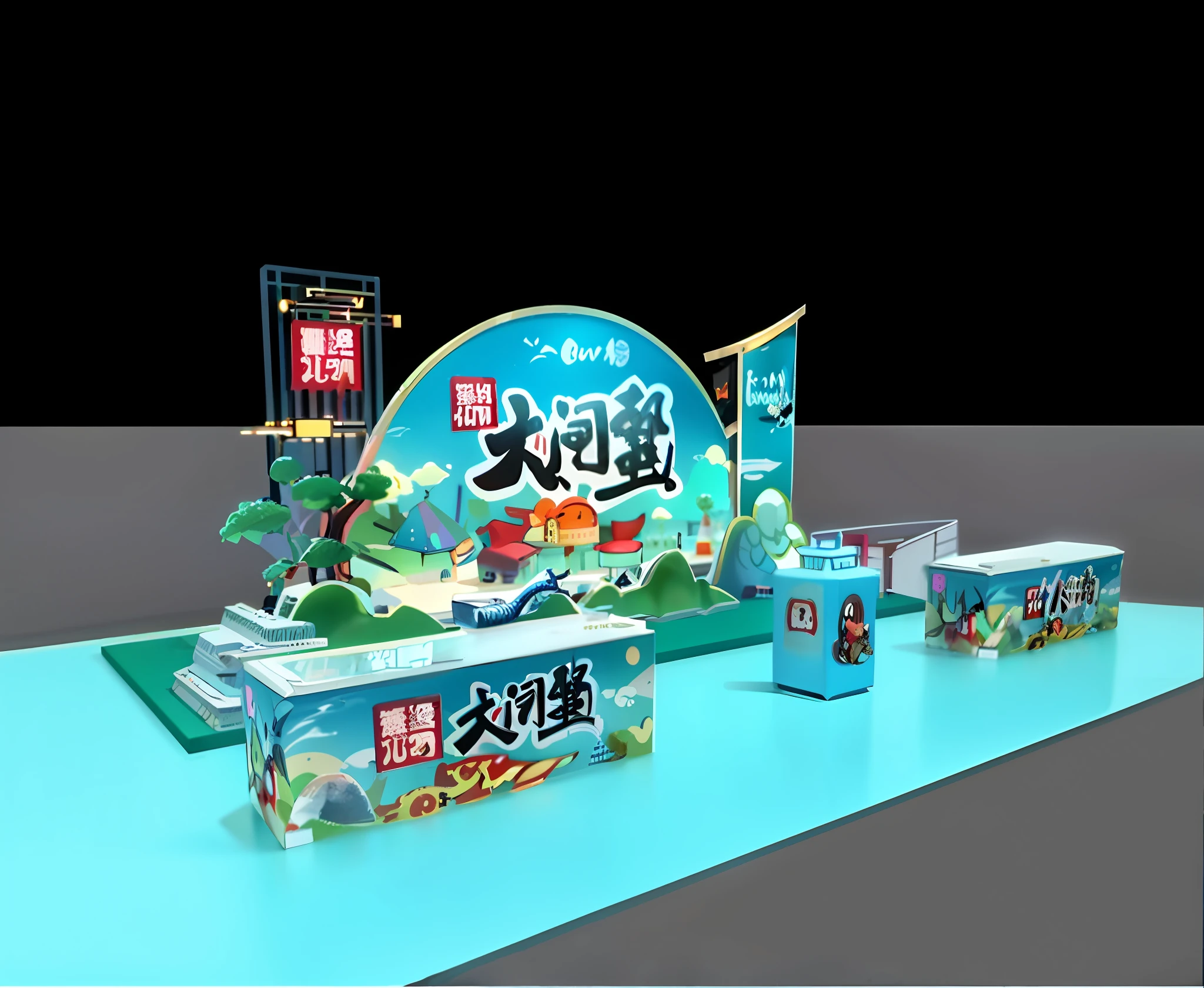 there is a display of various types of food on a table, product display, 3d scene, 3 d scene, promotional render, exhibition display, by Ni Yuanlu, jia, 3 d stylize scene, miniature porcelain model, game cg, show room scene, some floating billboards, detailed set design, set design