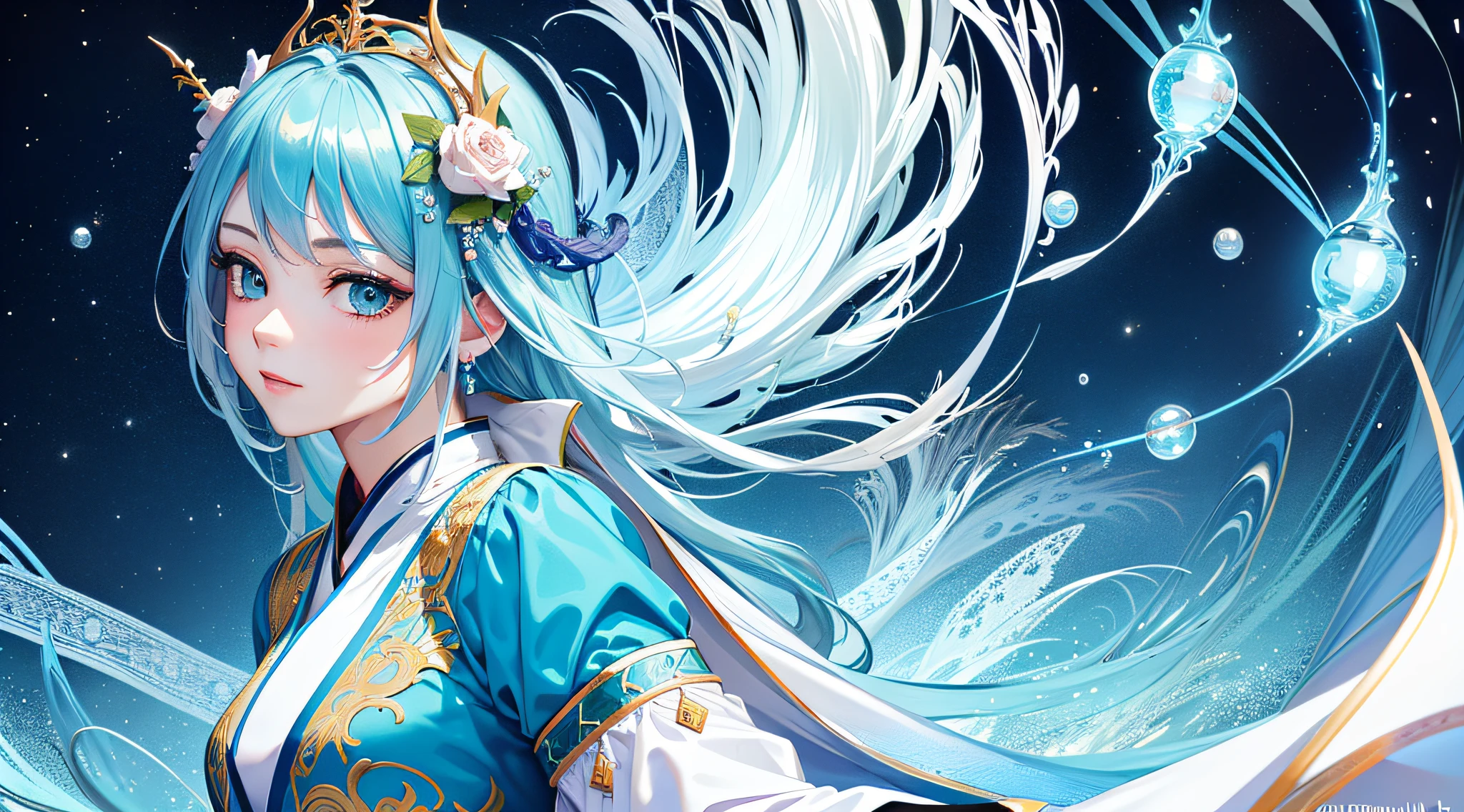 8k masterpiece, top quality, best quality, official art, delicate eye (beauty and aesthetic: 1.3), extremely detailed, (fractal art: 1.3), colorful, cyan and 1 woman, han woman's media, hanfu, cyan