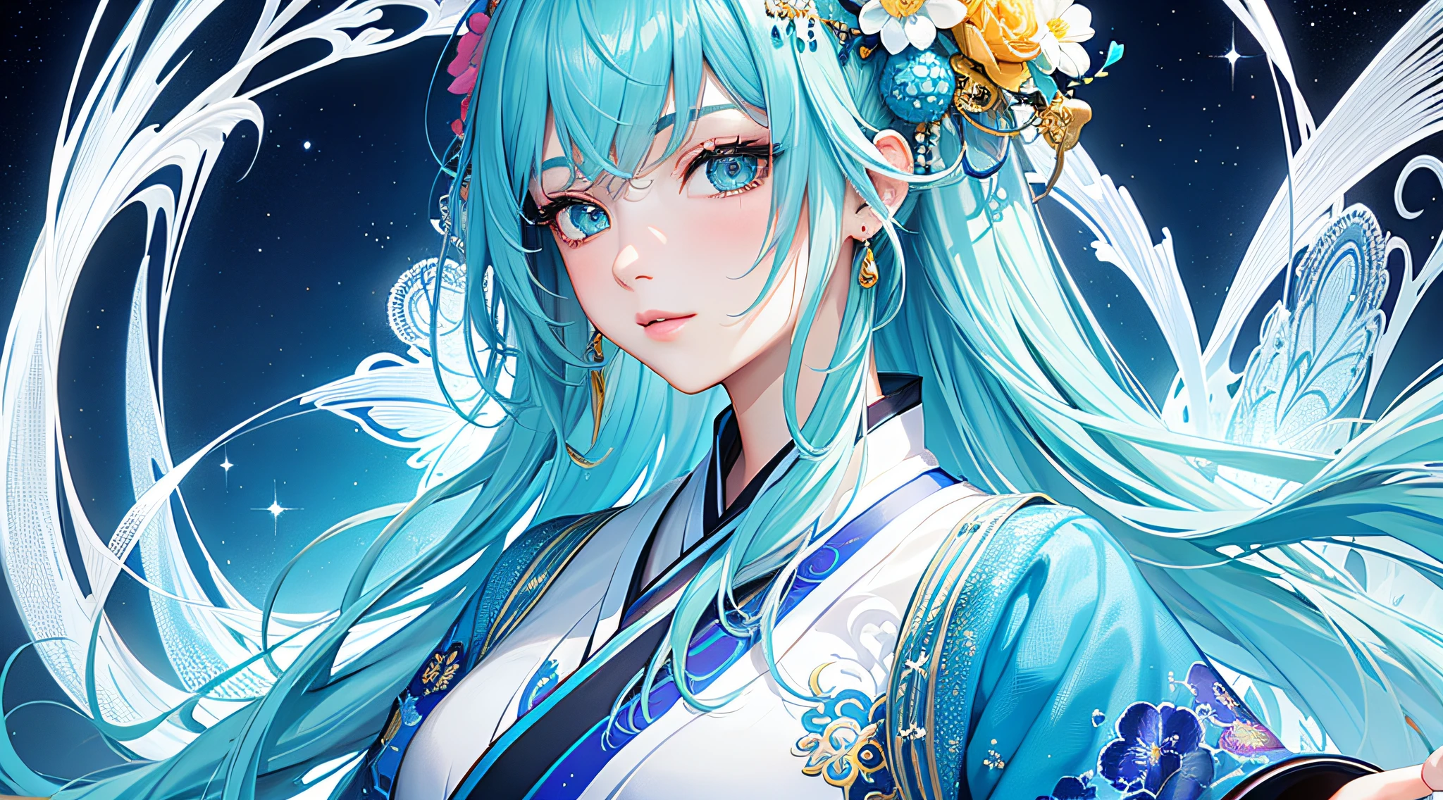 8k masterpiece, top quality, best quality, official art, delicate eye (beauty and aesthetic: 1.3), extremely detailed, (fractal art: 1.3), colorful, cyan and 1 woman, han woman's media, hanfu, cyan