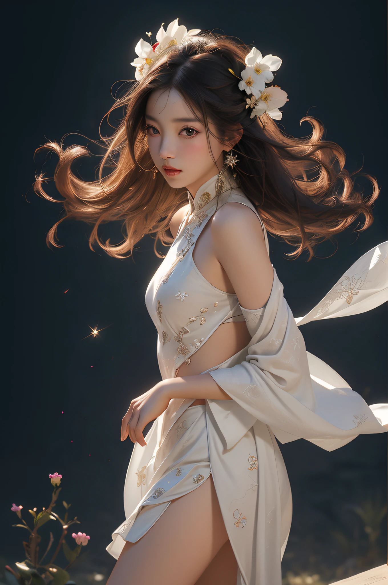 nsfw, zhongfenghua, 1girl, solo, hanfu, ancient_chinese_architecture, flower field, blossom, (white smoke:1.3) (photorealistic:1.4), zentangle, mandala, entangle, official art, unity 8k wallpaper, ultra detailed, beautiful and aesthetic, masterpiece,best quality, (dynamic angle:1.4), glowing skin, (floating colorful sparkles:1) the most beautiful form of chaos, elegant, a brutalist designed, vivid colours, romanticism depth of field exotic_dance, half_naked
