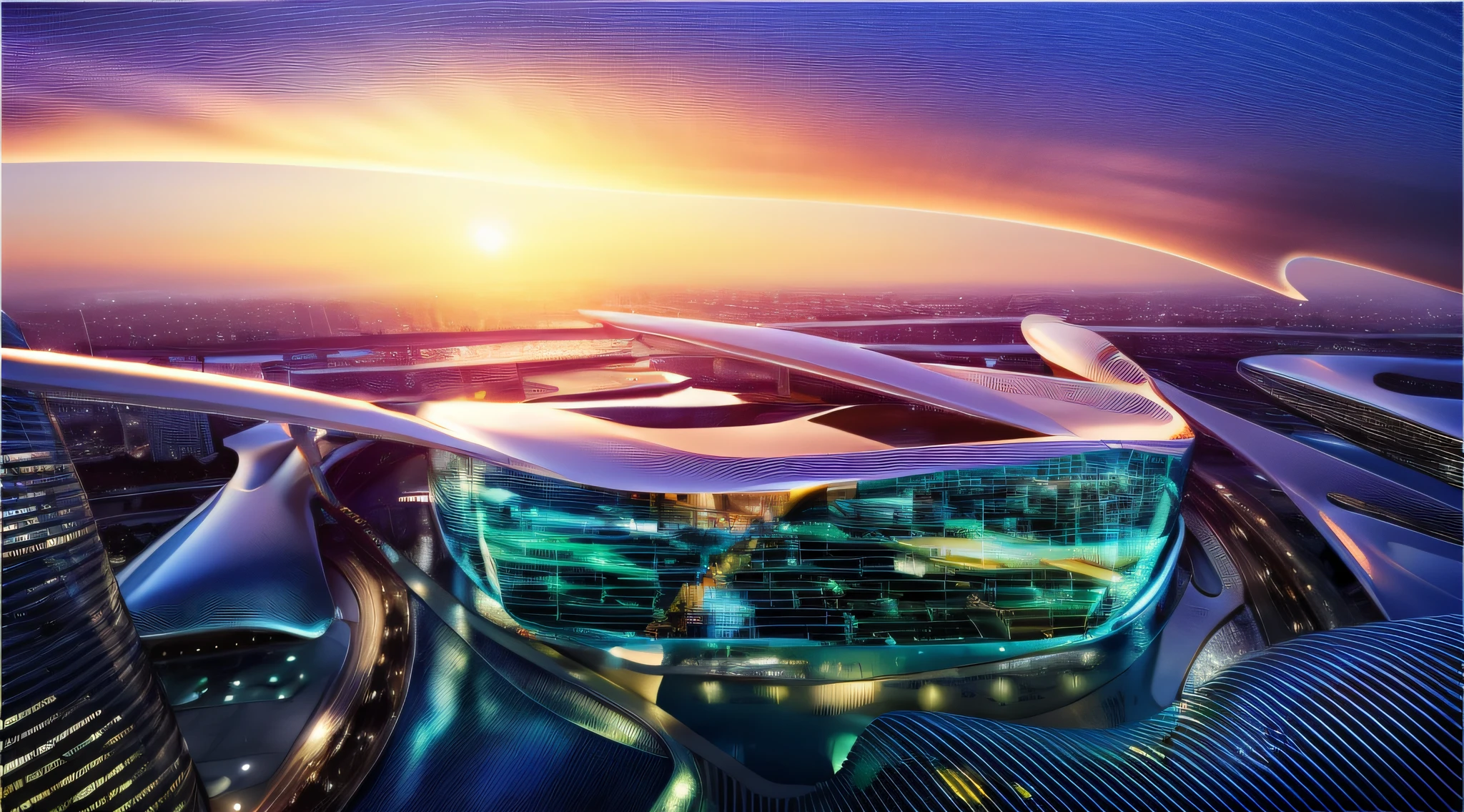 best quality, masterpiece,  people, clear sky, sunset or dawn,city center,  rain, zaha hadid, curve, flow，futuristic architecture visualization, giant museum, Avant-garde design, futuristic design, evening, Twinmotion Rendered, ray tracing rendered, concise, highly detailed, 8K, HDR, highest quality, sharp focus, photorealism --auto --s2