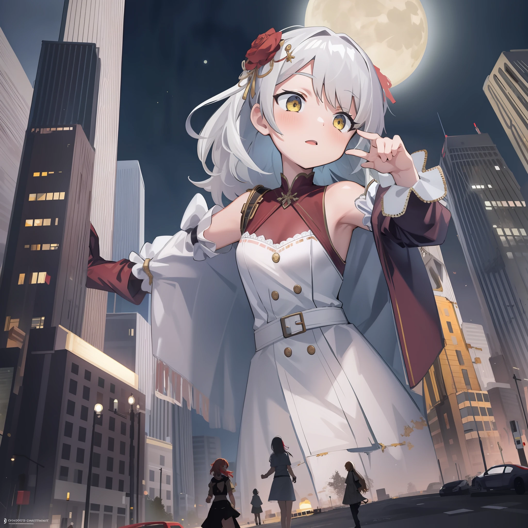 looking up , ,(masterpiece:1.1),[Enchanting, Ruined City, Night, On Top of a Crumbled Skyscraper, High Angle, Leaping with Grace, Slender, Monster, Dark Red Skin, Small Breasts, Yellow-Green Eyes, Long White Hair, Tattered Dress, Sultry Stare, Illuminated by the Moon.], , , ,[cga colored lighting, raytracing, HDR], 2girls, size difference