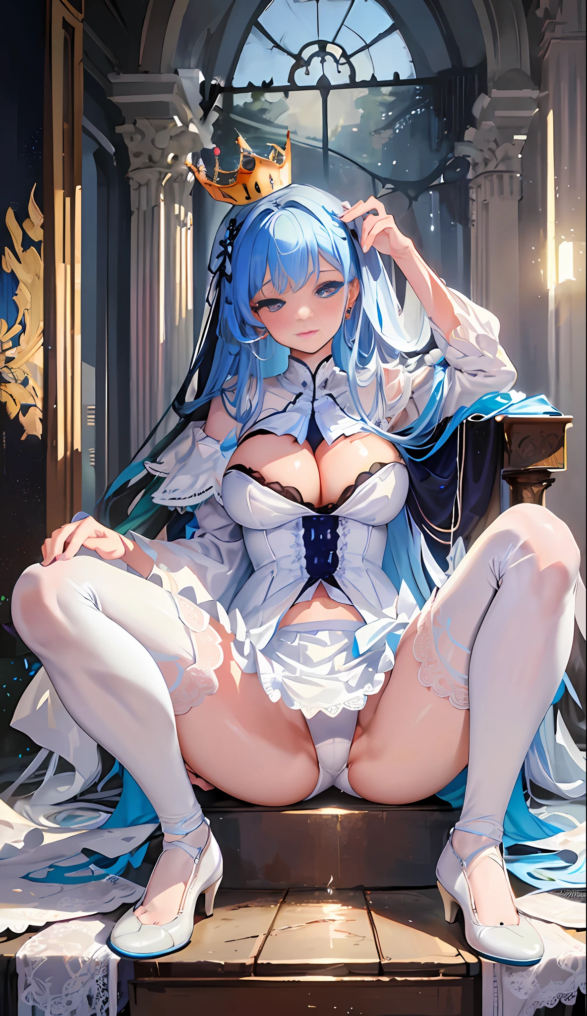 (Masterpiece:1.2), best quality, (illustration:1.2), (ultra-detailed), hyper details, (delicate detailed), (focus on panties), slightly spread legs, lace stockings, perky, (intricate ), (Cinema Light, Best Quality Backlight), Clear Lines, Raise Legs and Show Legs When viewed from below, Single woman, Perfect body, (1girl), White hair, Glowing blue eyes, Big breasts: 1.4, (White lace lingerie, White lace panties), White pantyhose, Burst shoes, (Crown: 1.1), Sitting on the throne, Slightly closed eyes, Looking down, Turning head, ( Anger: 1.3), ((makeup)), High contrast, (best illumination, an extremely delicious and beautiful), (cinematic light)), colorful,