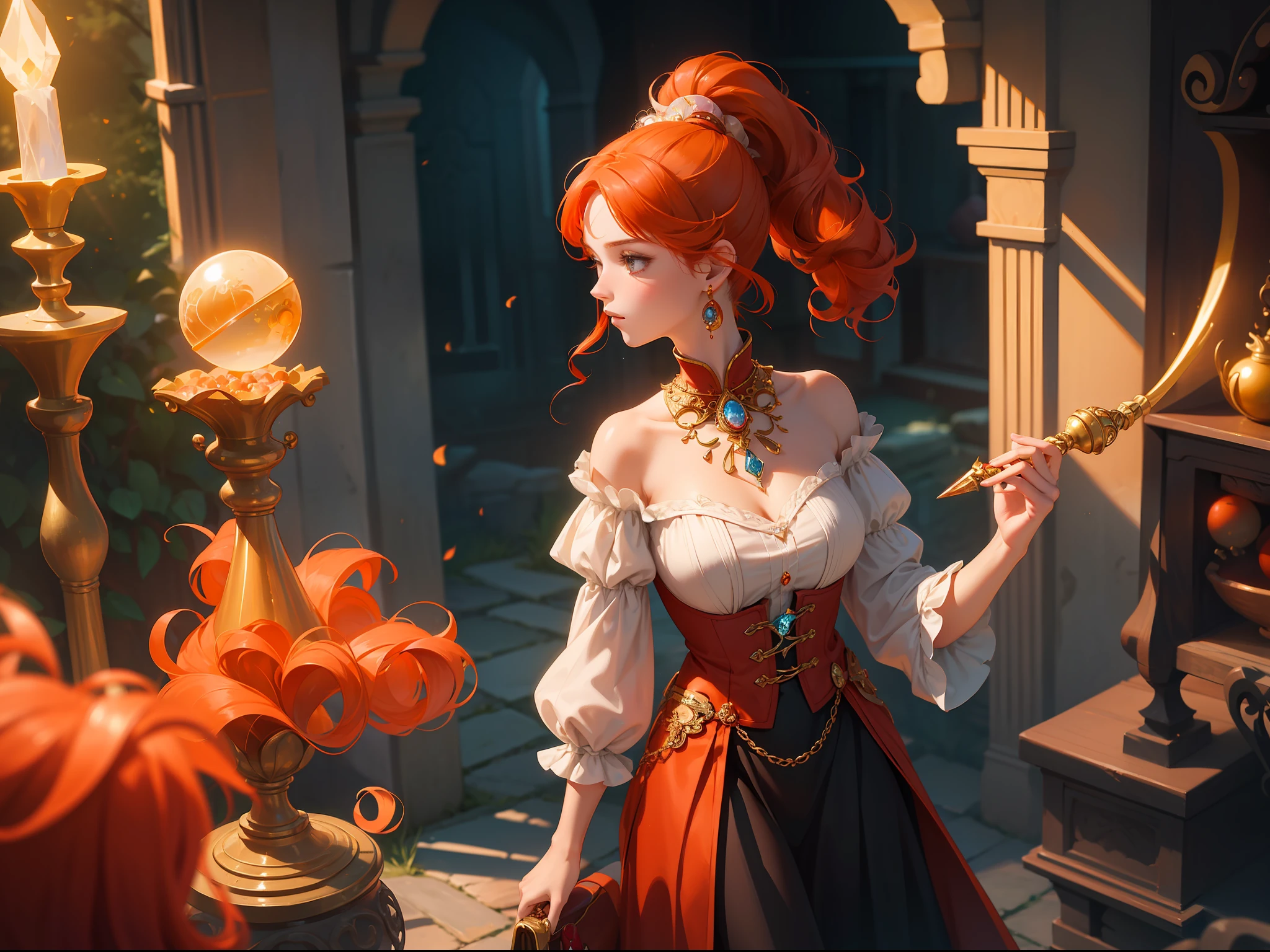 "An exquisite masterpiece featuring a girl with a high ponytail, extremely curly red-orange hair, and fantastical wizard clothes. Swiftly captured with auto-focus and beautifully composed with an enchanting style. has many bags, about to go into a mystical journey, show other magical items like magic wand, crystal ball, geodes, gems and jewels, enchanting,