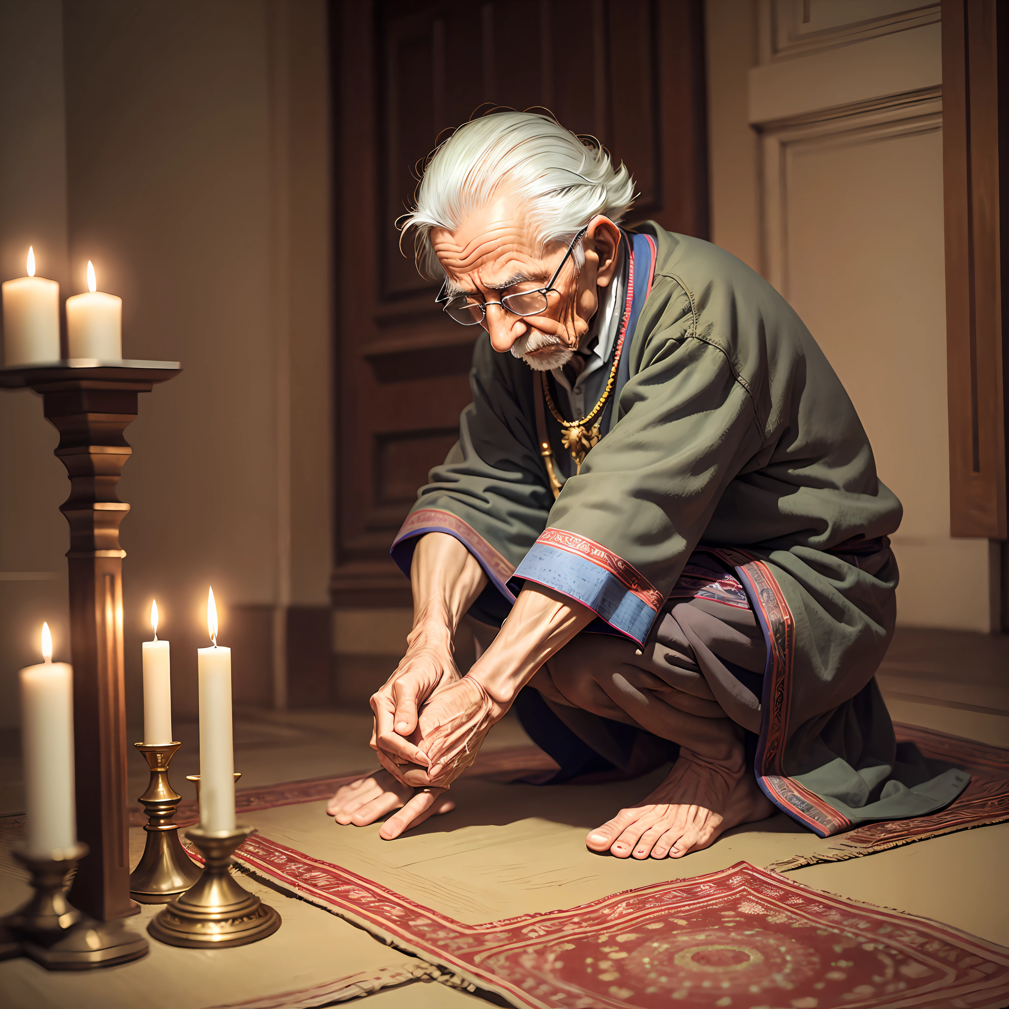 an elderly man, aged 80 years, praying on his knees, altar and candle --auto --s2