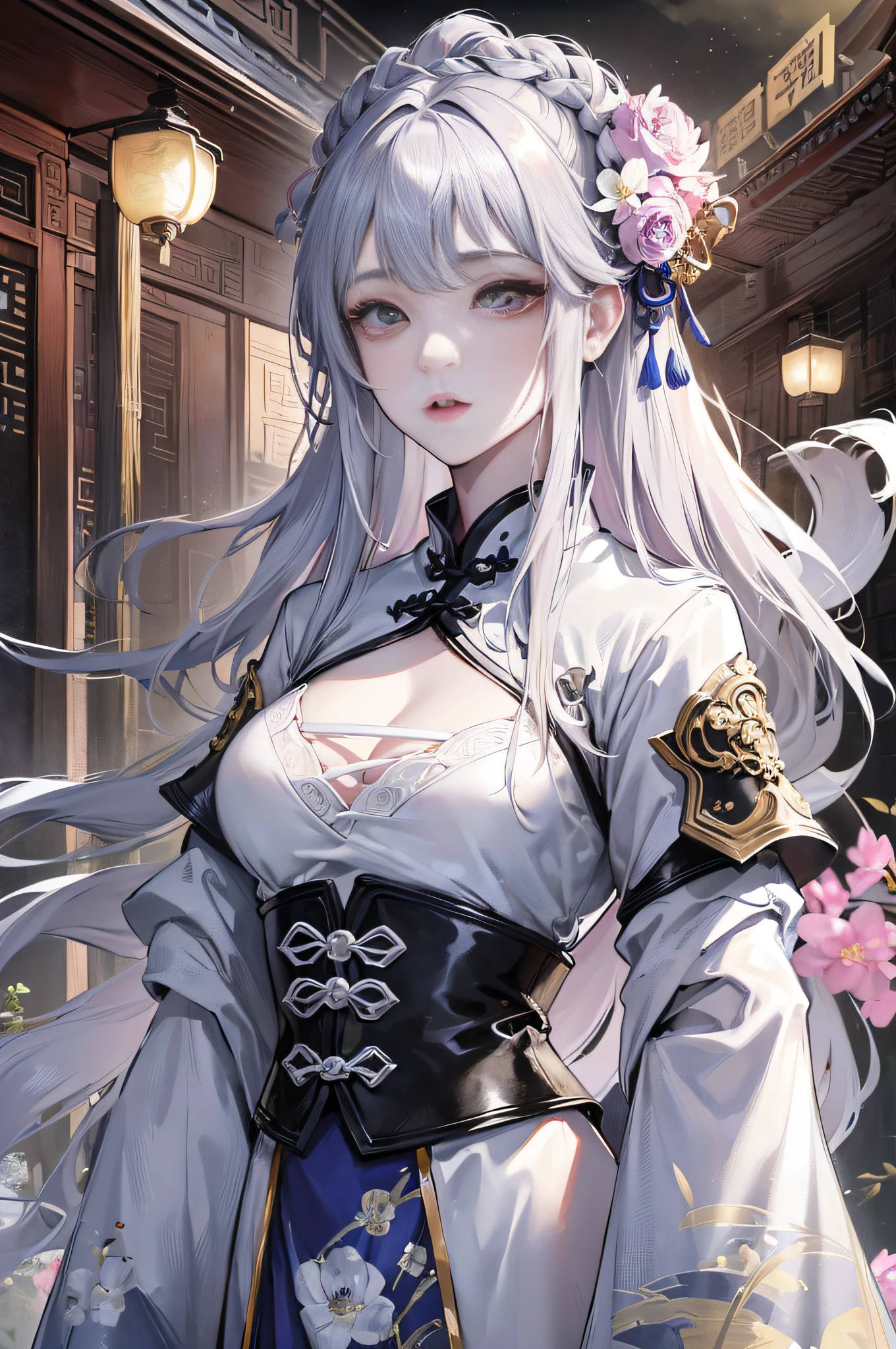 Masterpiece, Best, Night, Full Moon, 1 Female, Mature Woman, Chinese Style, Ancient China, Elder Sister, Royal Sister, Cold Face, Expressionless, Silver White Long Haired Woman, Pale Pink Lips, Calm, Intellectual, Three Belts, Gray Hitomi, assassin, dagger, flower ball background, street view