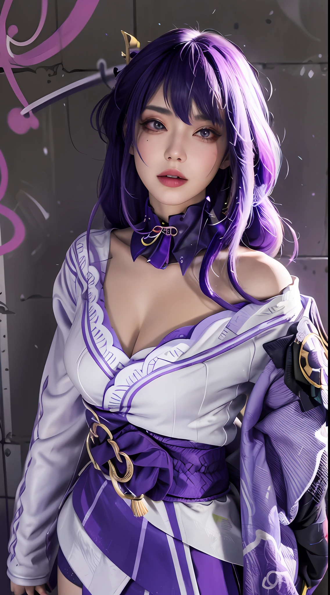 (masterpiece, best quality, 1girl, solo, intricate details, chromatic aberration), realistic, ((medium breath)),long hair, purple hair, purple head ornament, purple highlights, hair over one eye, green eyes, sharp eyes, choker, neon shirt, torn legwear, open jacket, turtleneck sweater, against wall, brick wall, graffiti, dim lighting, alley ,look at viewer,