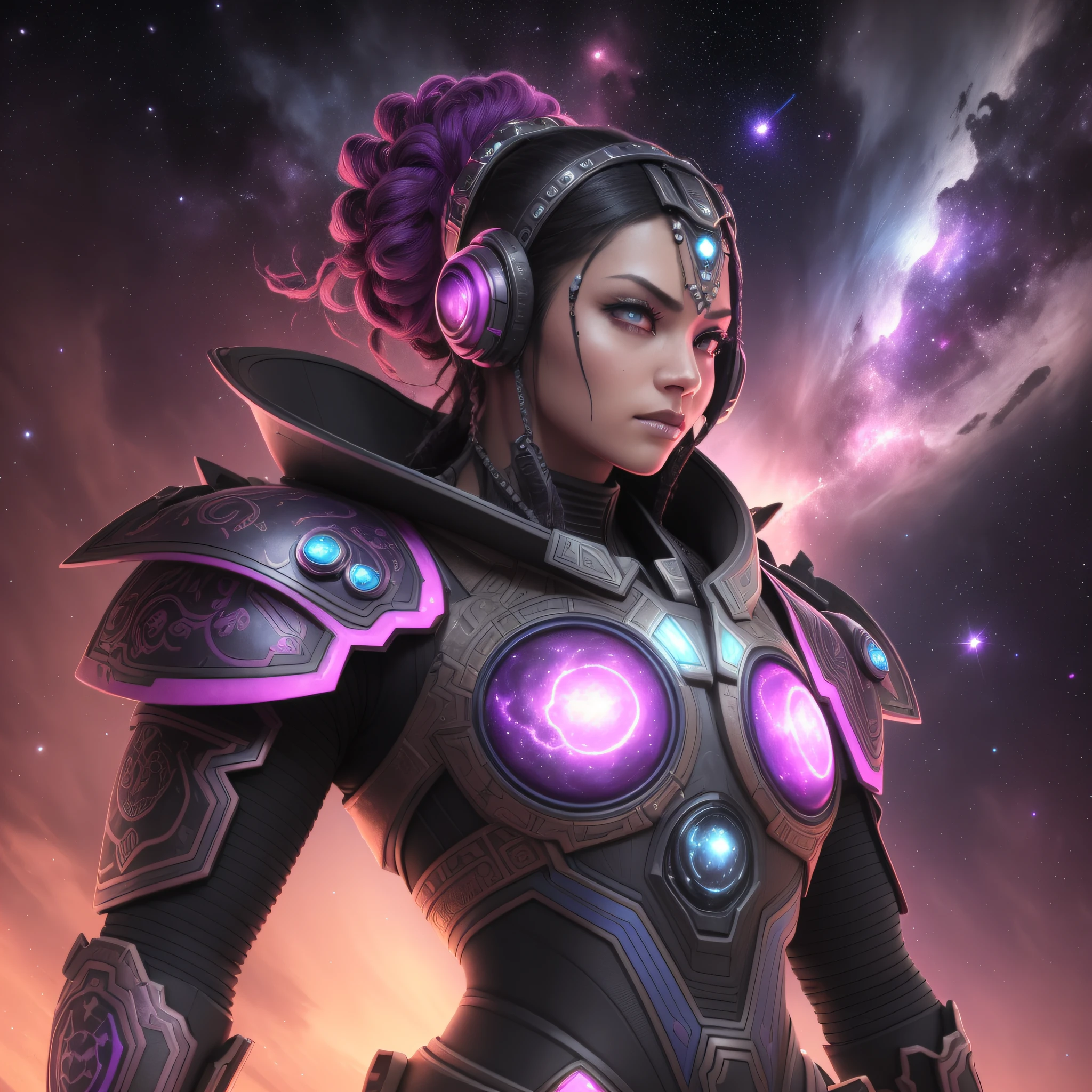 The gorgeous and super-strong ancient alien warrior, dark horror futurism, background with many stars, a bright nebula in pink and purple, cinematic, fine details, 8k, (dark shot: 0.7), subsurface scattering, (ambient lighting: 1.3), (ArtStation: 1.3) Steam punk, hyper realistic, blue, pink and orange colors --auto --s2