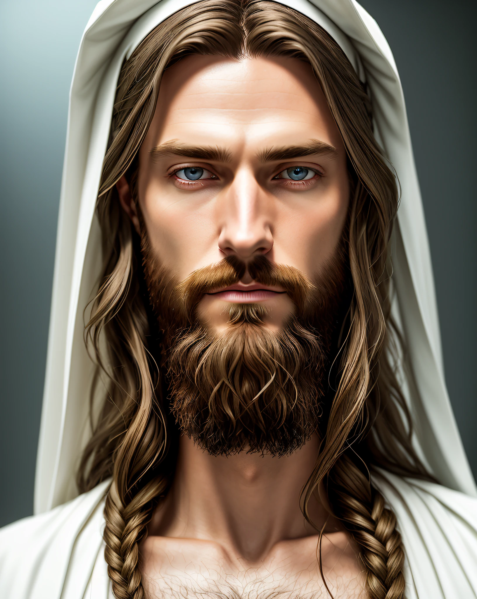 (symmetry),centered,a ((close)) up portrait,(Jesus),a very thin white man with long hair and a beard,wearing a long white robe,35mm,natural skin,clothes  detail, 8k texture, 8k, insane details, intricate details, hyperdetailedhighly detailed,realistic,soft cinematic light,HDR,sharp focus, ((((cinematic look)))),intricate, elegant, highly detailed