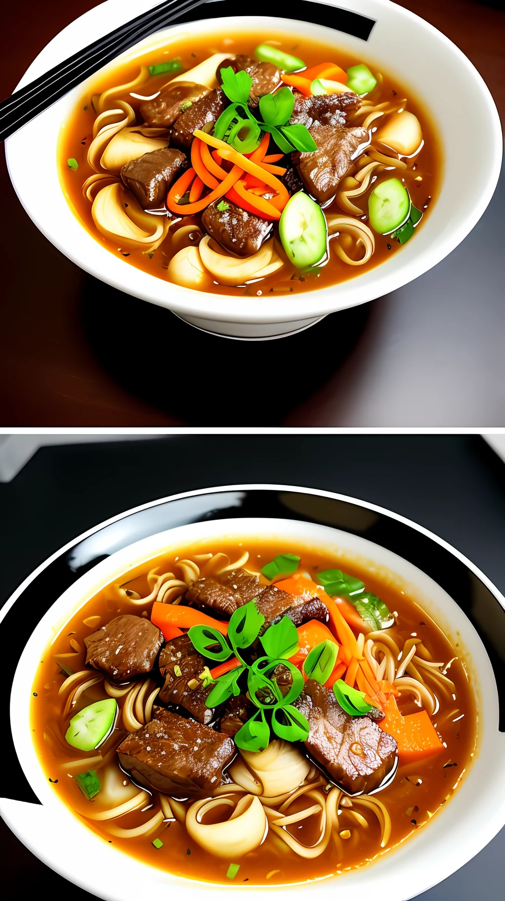 (masterpiece), the highest image quality, realistic details, bright soup clear and transparent, tender and fresh beef, the air is filled with rich meat aroma, brewing a bowl of beef noodles full of tempting and delicious taste.