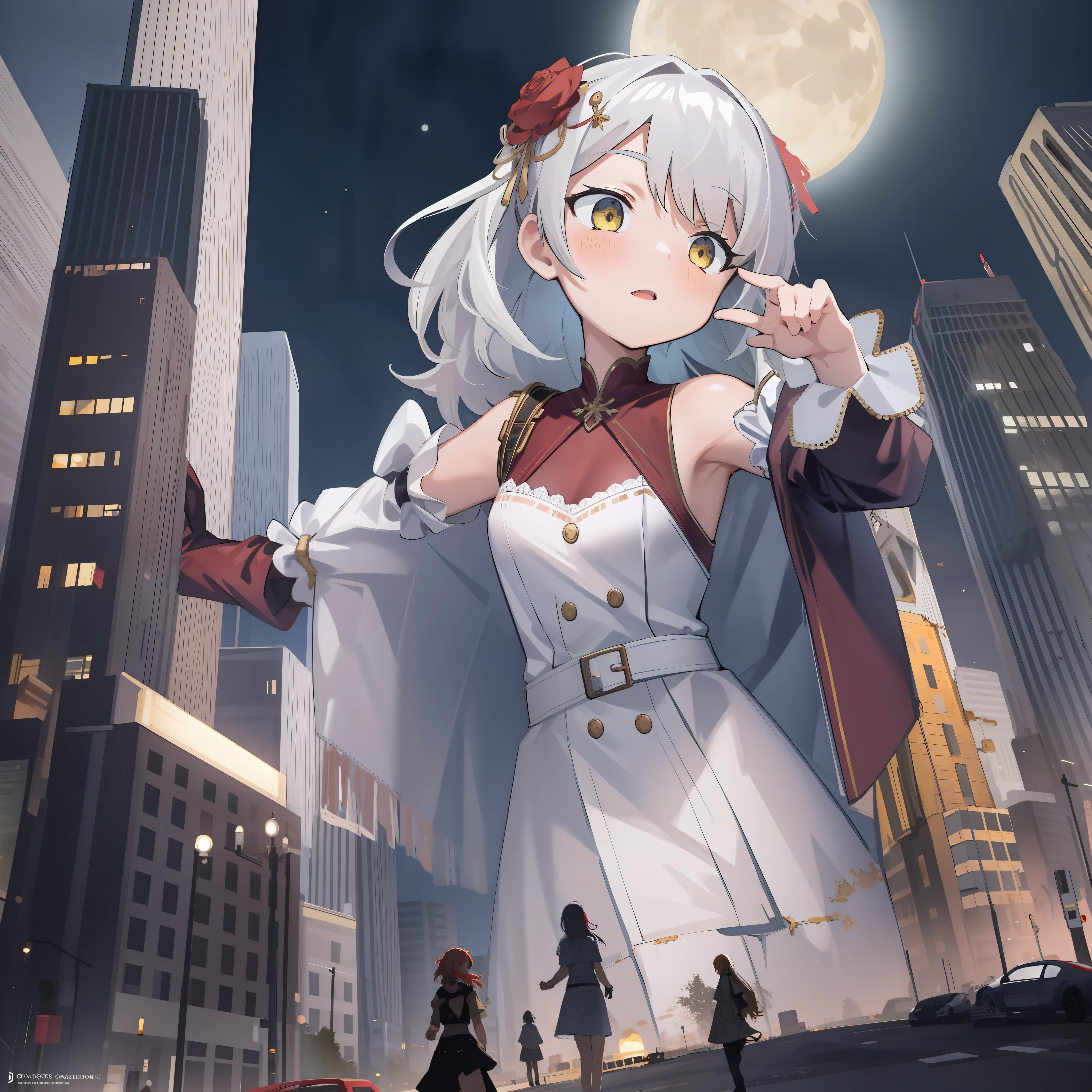 looking up , ,(masterpiece:1.1),[Enchanting, Ruined City, Night, On Top of a Crumbled Skyscraper, High Angle, Leaping with Grace, Slender, Monster, Dark Red Skin, Small Breasts, Yellow-Green Eyes, Long White Hair, Tattered Dress, Sultry Stare, Illuminated by the Moon.], , , ,[cga colored lighting, raytracing, HDR], 2girls, size difference
