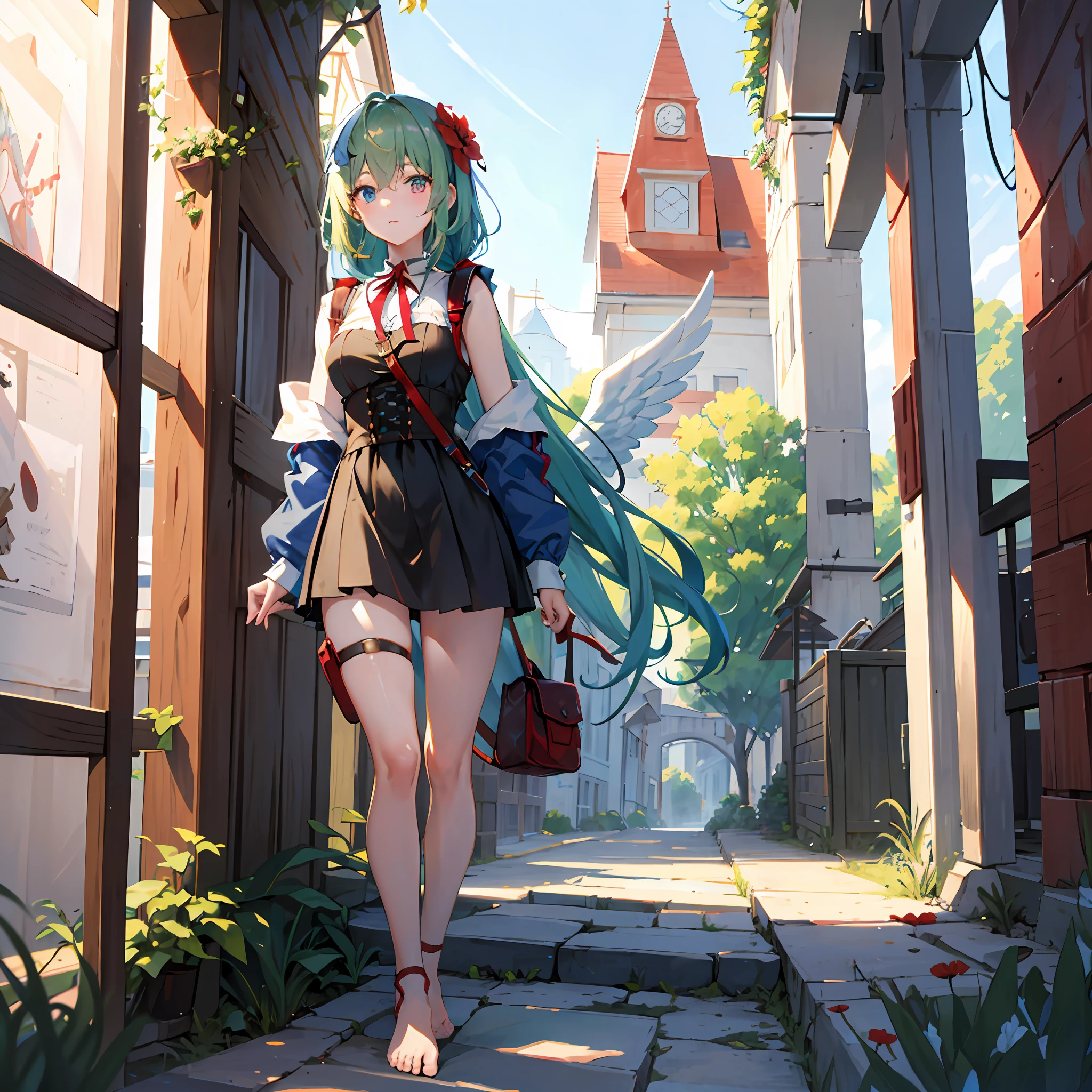 (delicately beautiful eyes and detailed face, masterpiece side light, masterpiece, best quality, detailed, high-resolution illustration), (fantasy background, village, trees, woods), knight (1girl, full body, nude, naked, beautiful girl, shiny skin, looking at the audience), (green hair, big ponytail, bangs, long hair, red and blue heterochromic pupils, red and blue red eyes, right blue eyes, underboob), (clothed_ Underbust: 1.2) Top quality, angel wings, head ring, white head flower, casual wear, black backpack strap, neck strap, barefoot, barefoot, single, ankle ring, leg ring, flat chest, tomboy, outdoor exposed, fully nude, shy