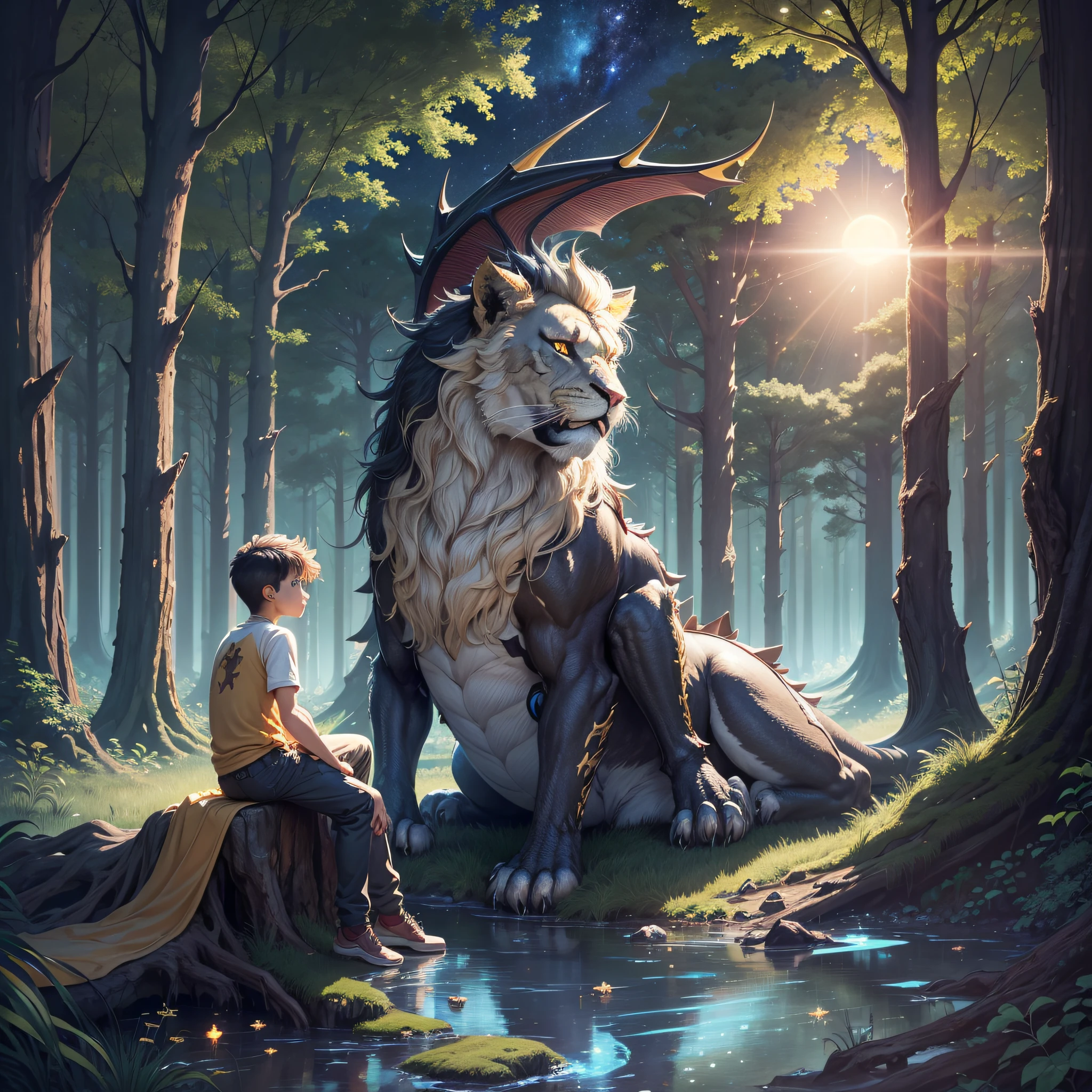 planet, sun, male, night sky, human, animal, insect, forest, boy, lost, distress, big monster, winged lion, lake, earth, star, clear weather, big tree, dragon, man with weapon --auto --s2