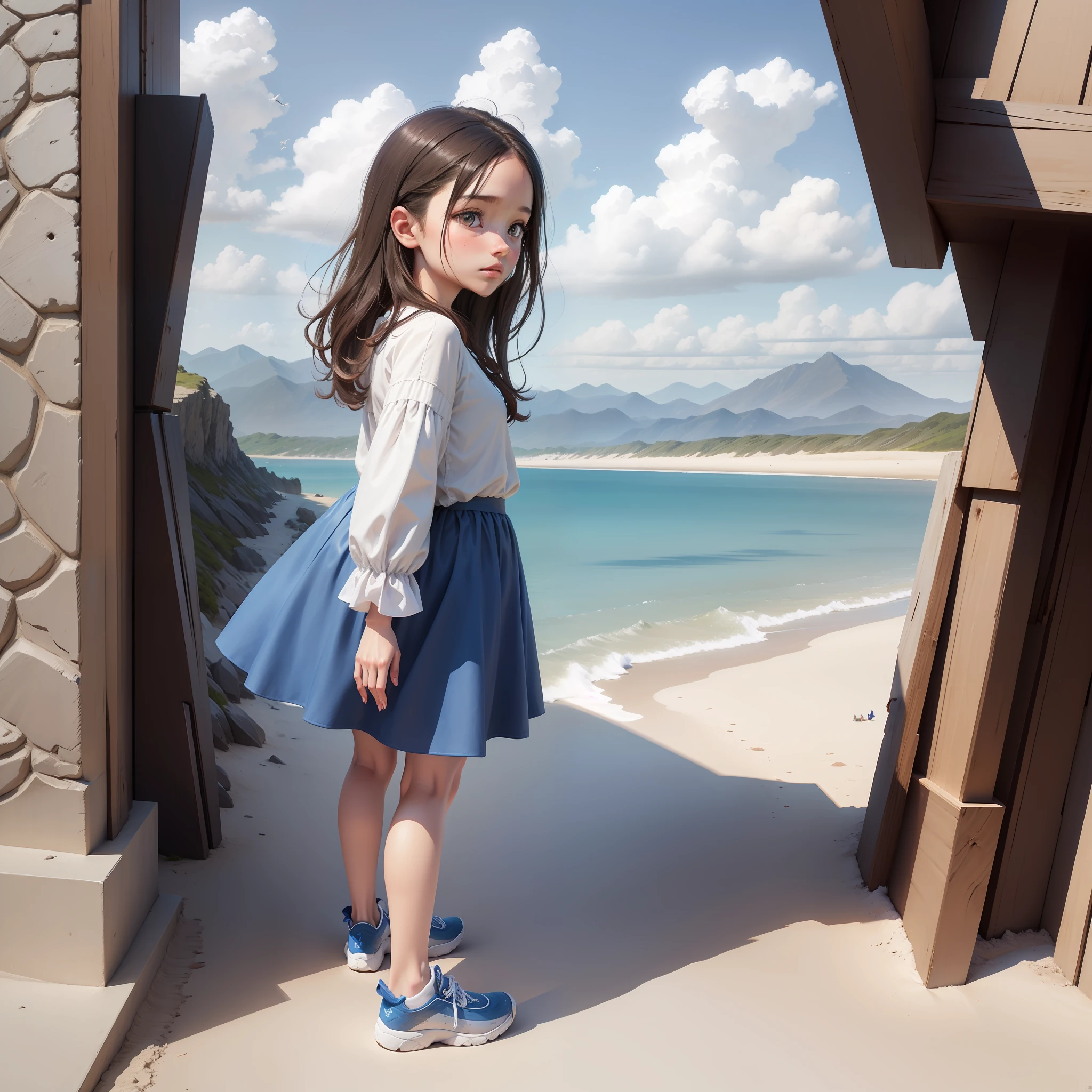 Blue sky, white clouds, birds, mountains, wooden bridge, brunette girl walking on beach by the sea leading a corgi, girl with footprints behind, high detail, textured skin, very detailed, three-dimensional painting, 3D texture, chiaroscuro, multi-view