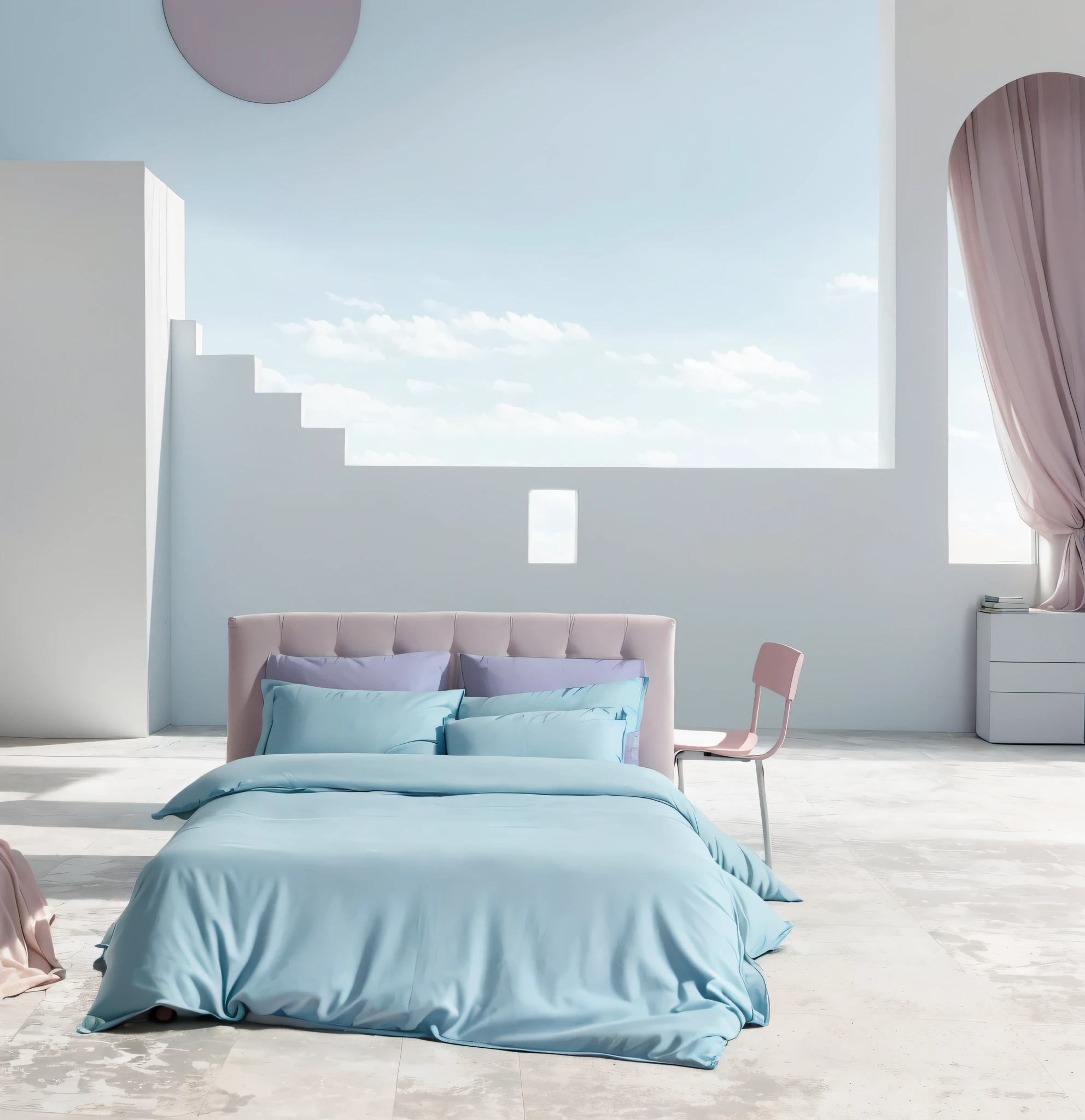 arafed bedroom with a bed, a chair, and a window, fantastically pastel colors, hyperrealistic aesthetic, modern pastel colours, pastel blue, pastel pink concrete, serene bedroom setting, airy colors, serene and peaceful style, bedroom background, ethereal and dreamy theme, in pastel colors, beautiful aesthetic design, pale muted pastel moody colors, pastel blues and pinks