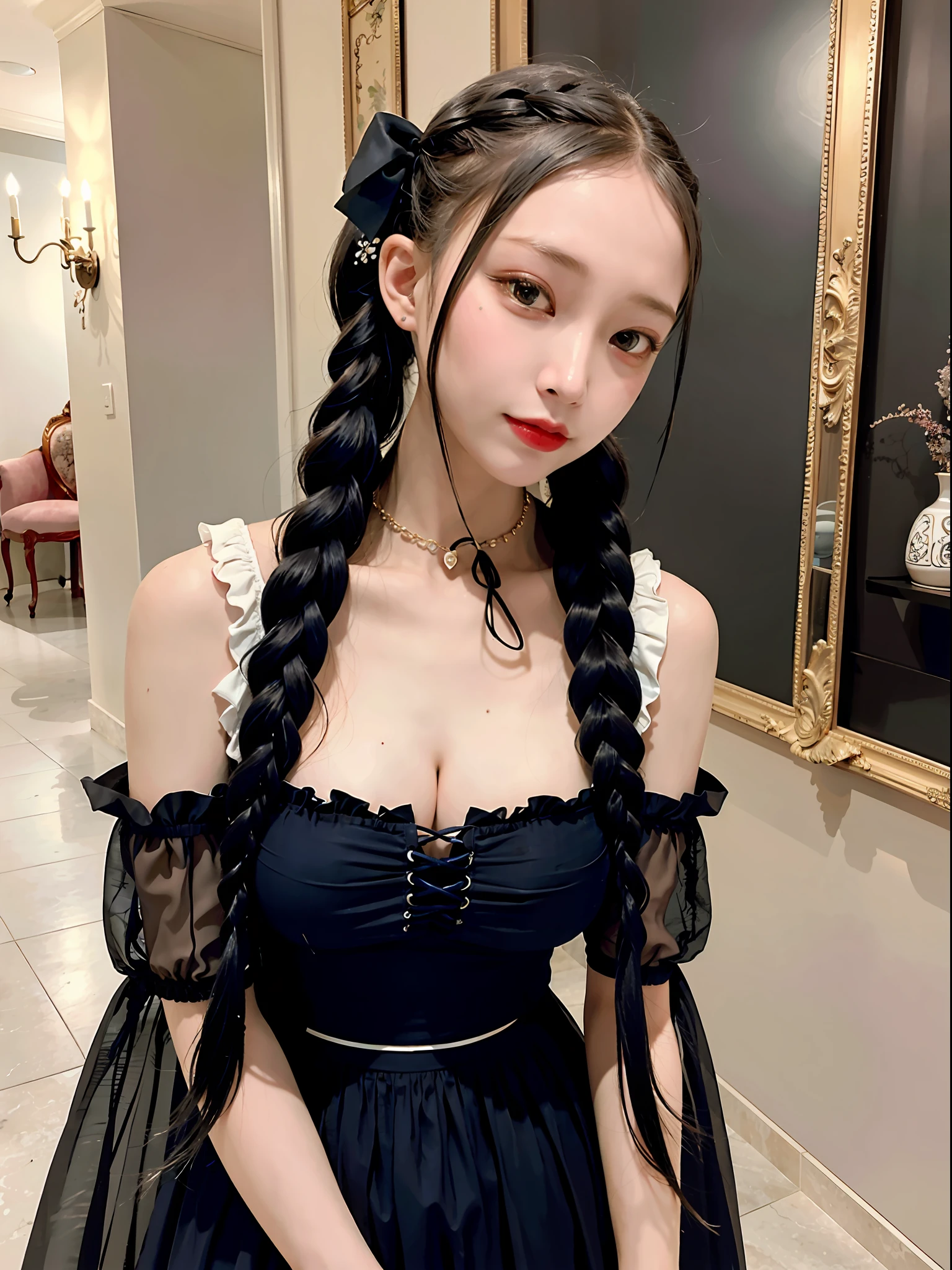 best quality, ultra hi res, photoreaslistic, a photography of a beautiful woman, 20yo teen age, detailed face, black Dutch braids with twists, (detailed porcelain doll,delicate clothes with a lot of frills and ribbons), Mansion pool, (face close up), seductive look, looking at viewer