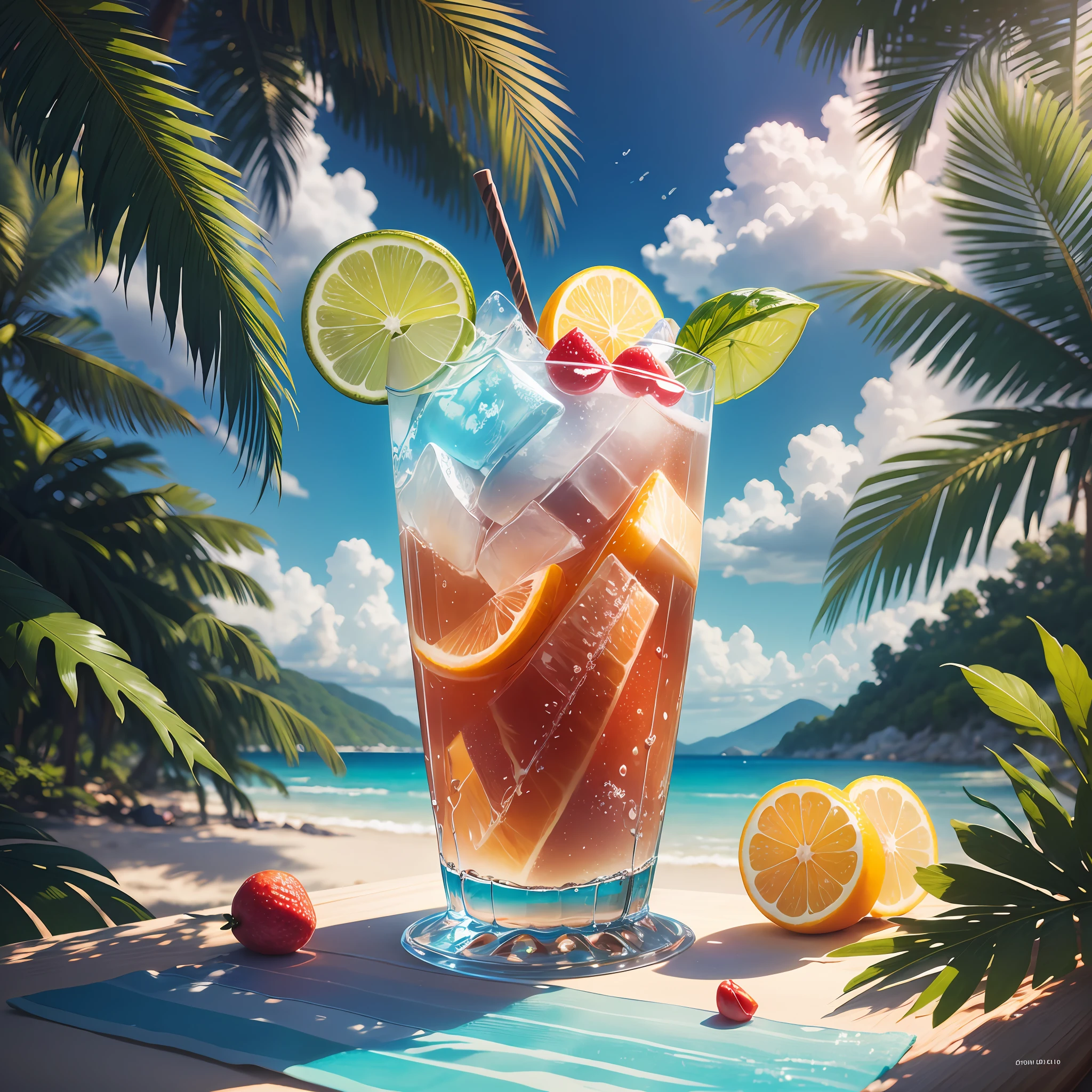 Ultra-realistic 4K CG with summer-style illustration, macro photography depicting a picnic scene themed around a summer tropical beach vacation. The protagonist of this photo is a cool glass filled with iced carbonated drinks. The lens focuses on glasses, fruit, dazzling midday sun, fisheye lenses, distant views, a hearty meal, (splashed liquid: 1.6), ice, (picnic scene: 0.5) (cute dessert: 0.4), dripping. It's filled with carbonated drinks, translucent liquid, daytime outdoor lights (beach 1.2), tropical plants, hot weather, HD detail, wet watermark, hyperdetail, cinematic, surrealism, soft light, deep field focused bokeh, ray tracing, diffuse (ultra-fine glass reflection), and surrealism. --auto --s2