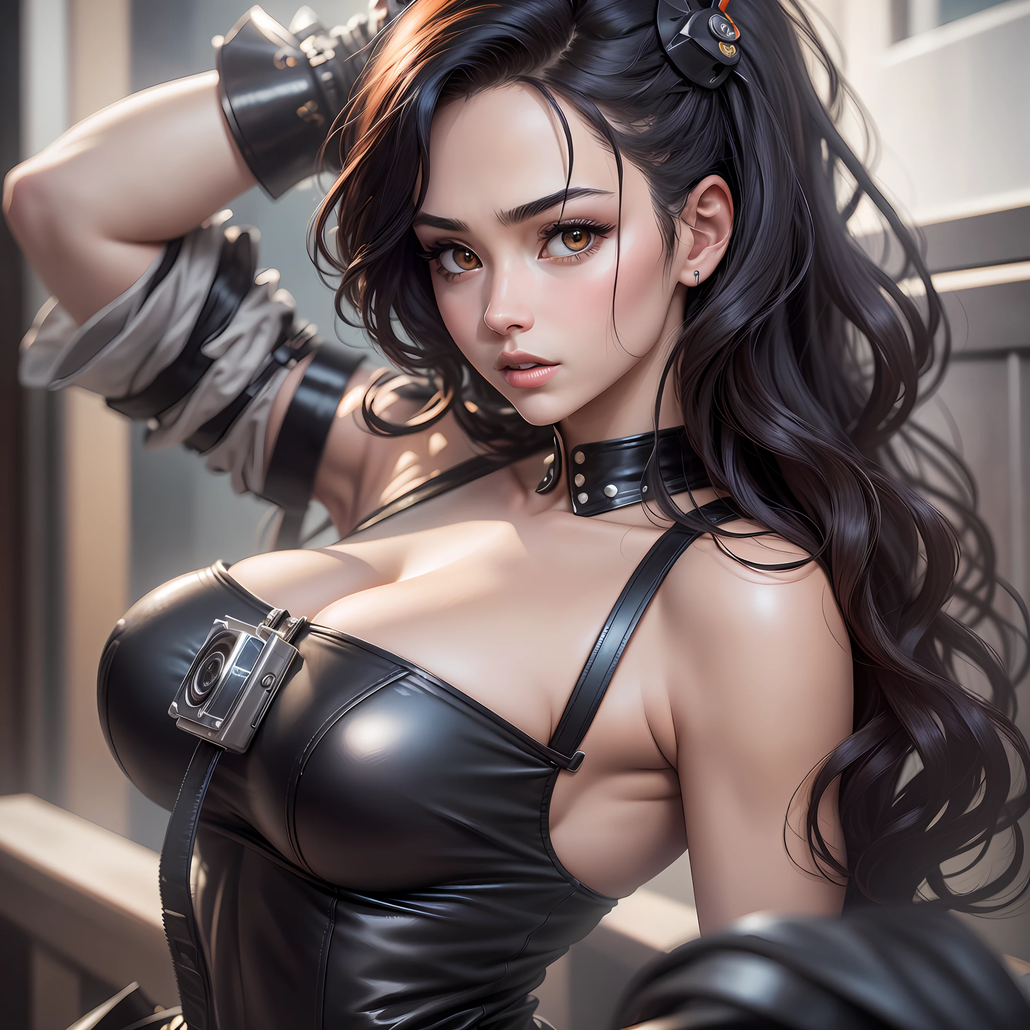 “Chipu”, 20 years old, Chipu face, concept art, Photo Realistic, Realistic. 1girl realistic, skin realistic, big boobs, wearing Catwoman 2022 clothes deep orange Pinafore, Black hair styled as long hair, big boobs, wonder woman, detailed eye makeup, puffy eyes, solo, sharp focus, volumetric fog, 8k uhd, dslr, high quality, film grain, photorealism, lomography