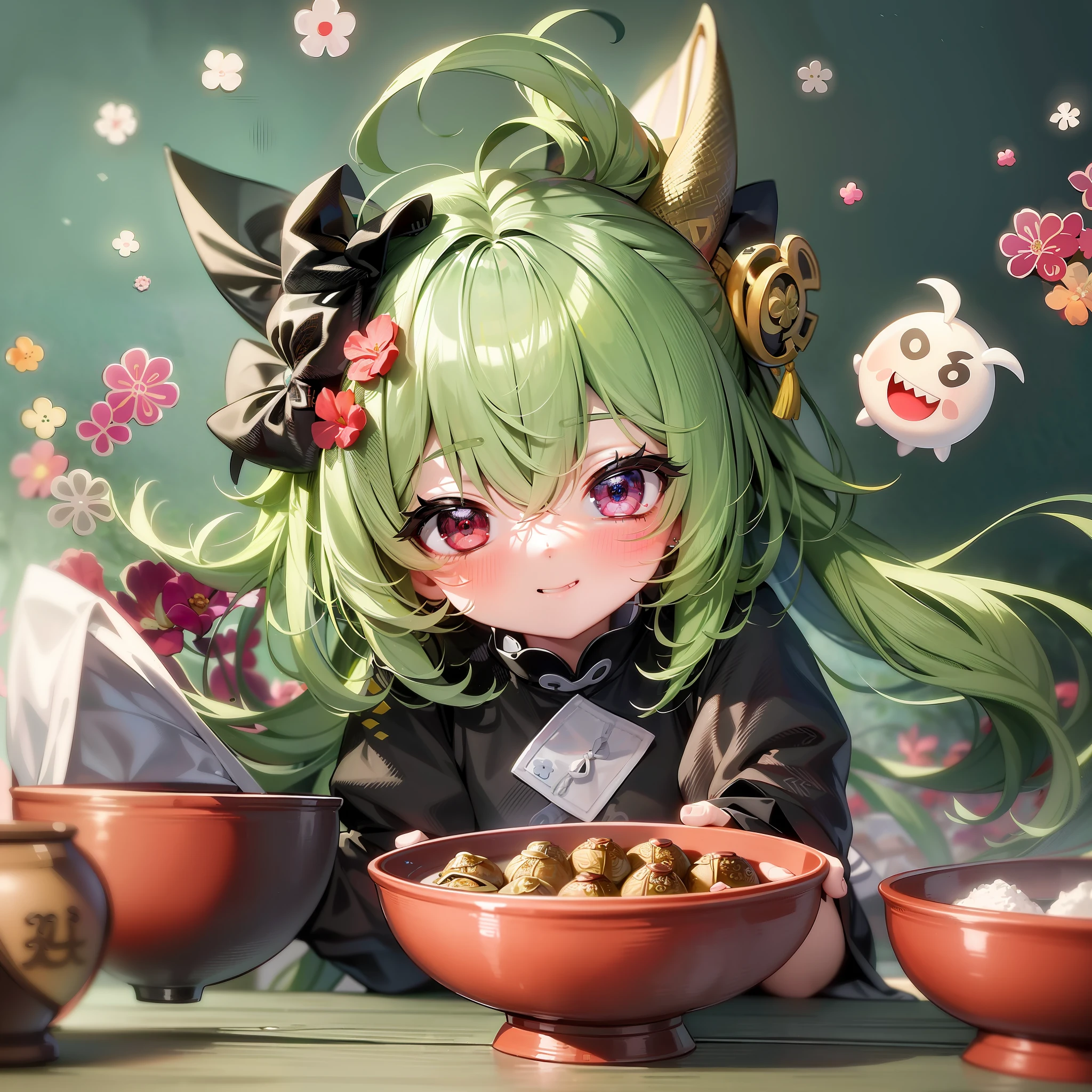 Best Quality, Masterpiece, Dragon Boat Festival Wrapped Zongzi, Solo, 1girl, Black Eyes, Zongzi Anthropomorphic, (Chibi: 0.6), Light Green Hair, Sticker, Emoji, Cute, White Background, ((Making Food))