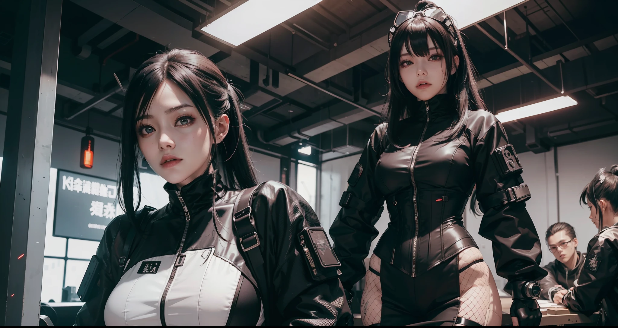 there is a woman with small breasts and massive hips in a corset and a black and white outfit, with Fishnet on breasts, humble outfit, wearing techwear and armor, cyberpunk outfit, wearing japanese techwear, intriguing outfit, all black cyberpunk clothes, cyberpunk style outfit, female cyberpunk anime girl, cyberpunk streetwear, cyberpunk dress, anime girl cosplay, photograph of a techwear woman, cyberpunk anime girl, wearing cyberpunk streetwear, maid outfit