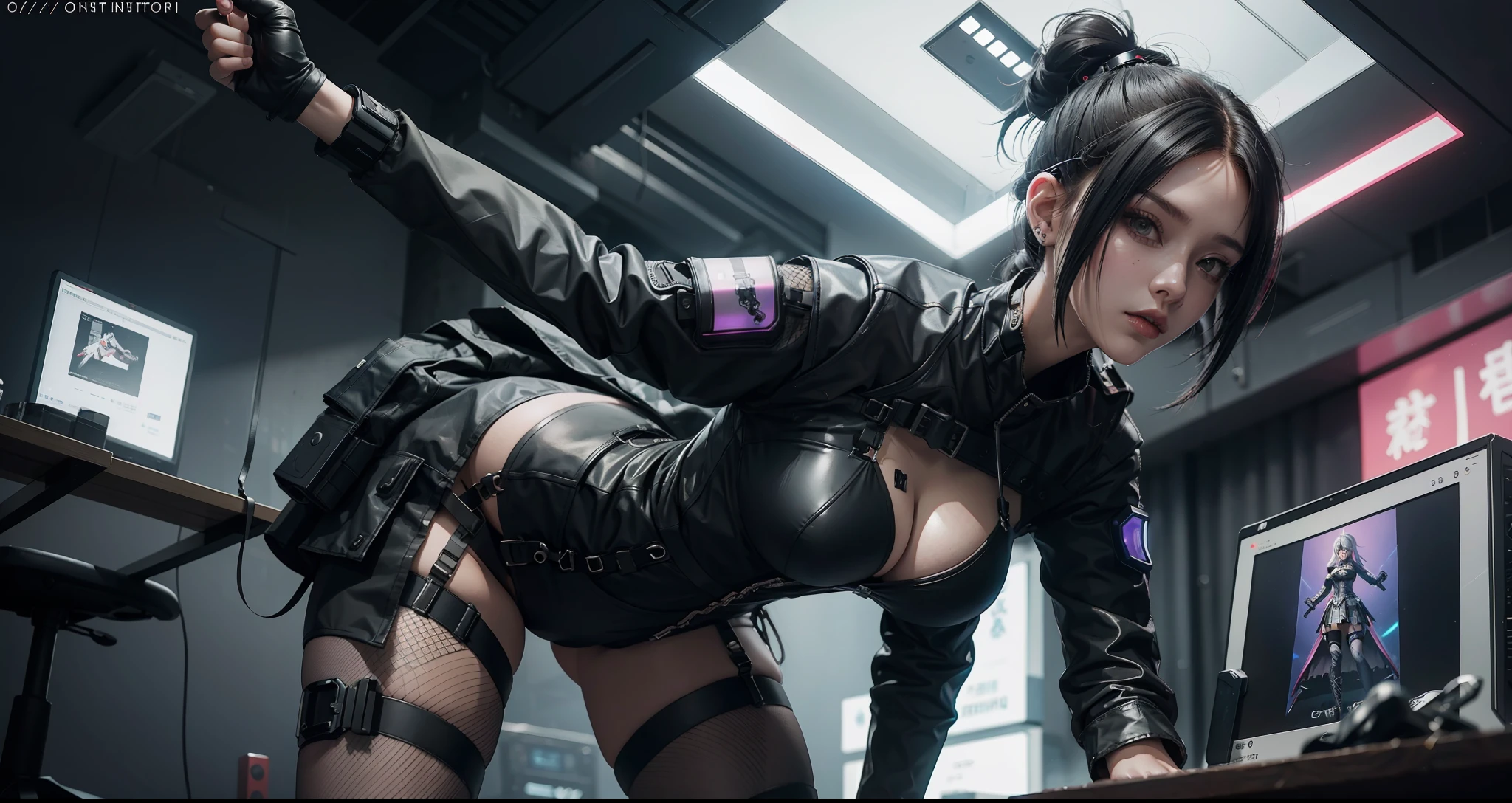 there is a woman with small breasts and massive hips in a corset and a black and white outfit, with Fishnet on breasts, humble outfit, wearing techwear and armor, cyberpunk outfit, wearing japanese techwear, intriguing outfit, all black cyberpunk clothes, cyberpunk style outfit, female cyberpunk anime girl, cyberpunk streetwear, cyberpunk dress, anime girl cosplay, photograph of a techwear woman, cyberpunk anime girl, wearing cyberpunk streetwear, maid outfit