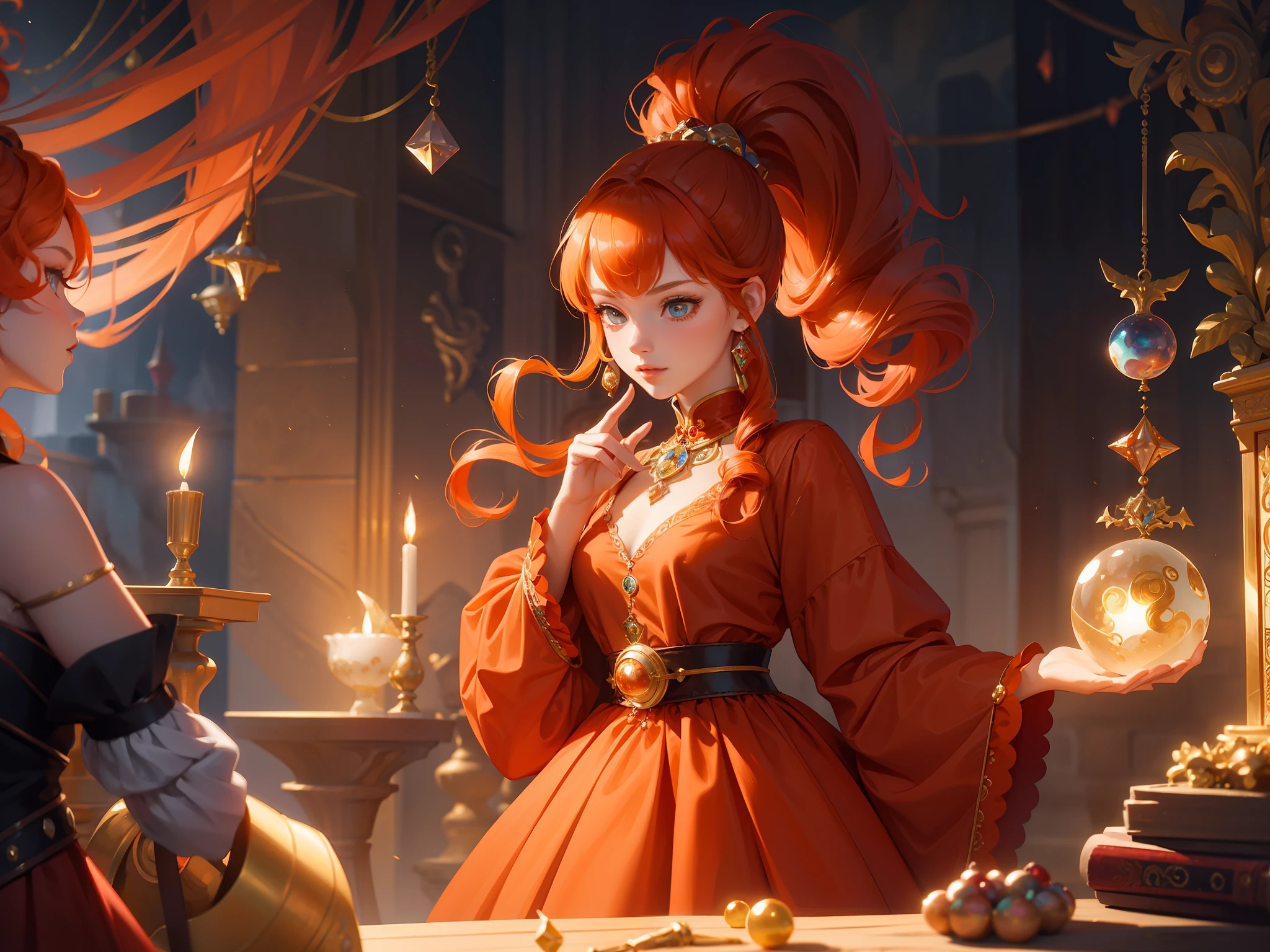 "An exquisite masterpiece featuring a girl with a high ponytail, extremely curly red-orange hair, and fantastical wizard clothes. Swiftly captured with auto-focus and beautifully composed with an enchanting style. has many bags, about to go into a mystical journey, show other magical items like magic wand, crystal ball, geodes, gems and jewels, enchanting,