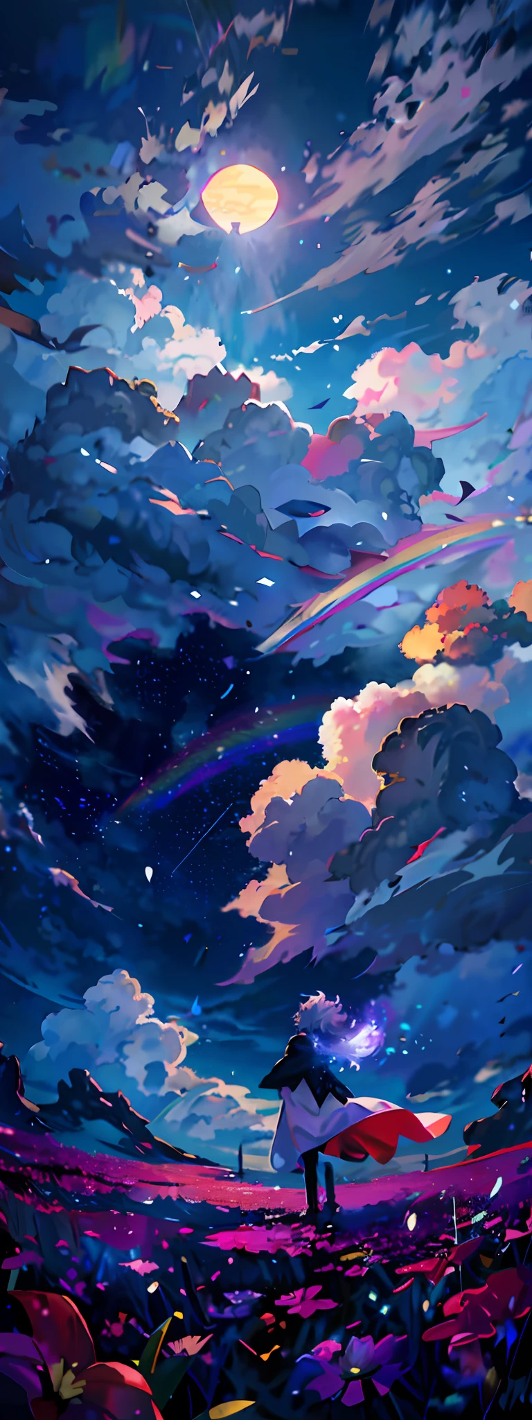 anime art of a man with a cape and a rainbow in the sky, rainbow clouds, rainbow, ethereal rainbow nimbus, rainbow in the sky, anime clouds, ethereal rainbows, bright rainbow nimbus, colorful skies, iridescent clouds, cosmic skies. by makoto shinkai, anime sky, ufotable art style, jen bartel, clouds. fantasy