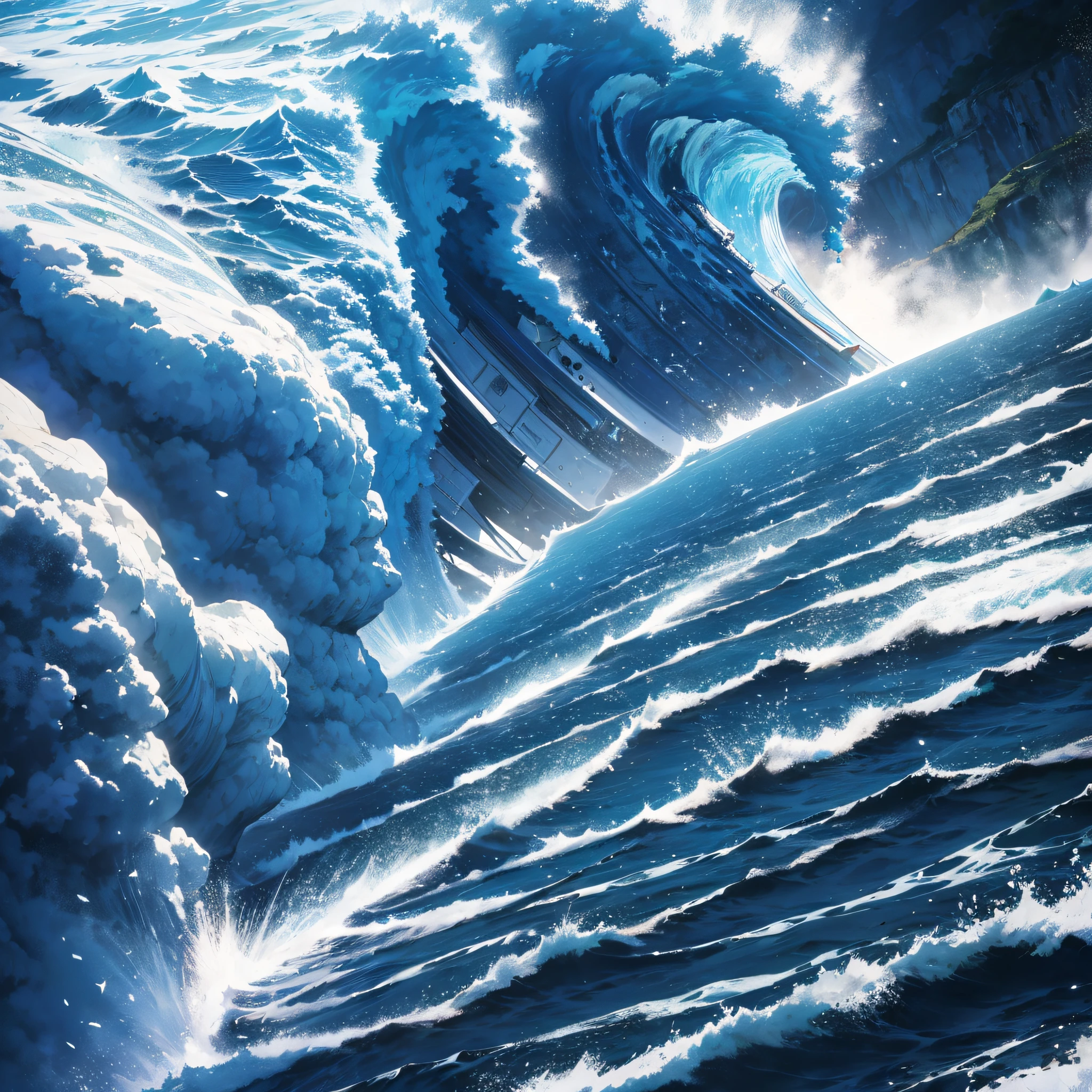 Absurd resolution, high resolution, (masterpiece: 1.4), hyper-detail, shoreside, blue mechanical titan giant, tsunami, water column, shock