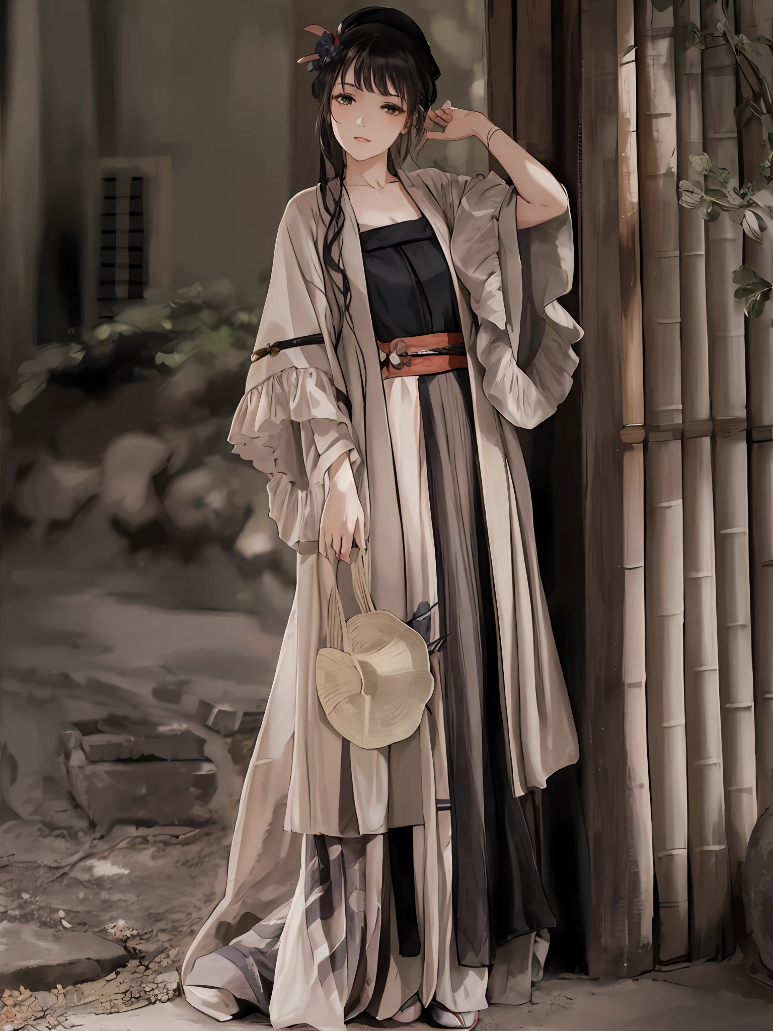 arafed woman in a long dress and hat standing in front of a bamboo structure, long beautiful flowing kimono, hanfu, dressed with long fluent clothes, pale and coloured kimono, kimono, multilayered outfit, classic kimono, japanese clothes, with acient chinese clothes, classy yukata clothing, wearing kimono, traditional chinese clothing, hakama kimono