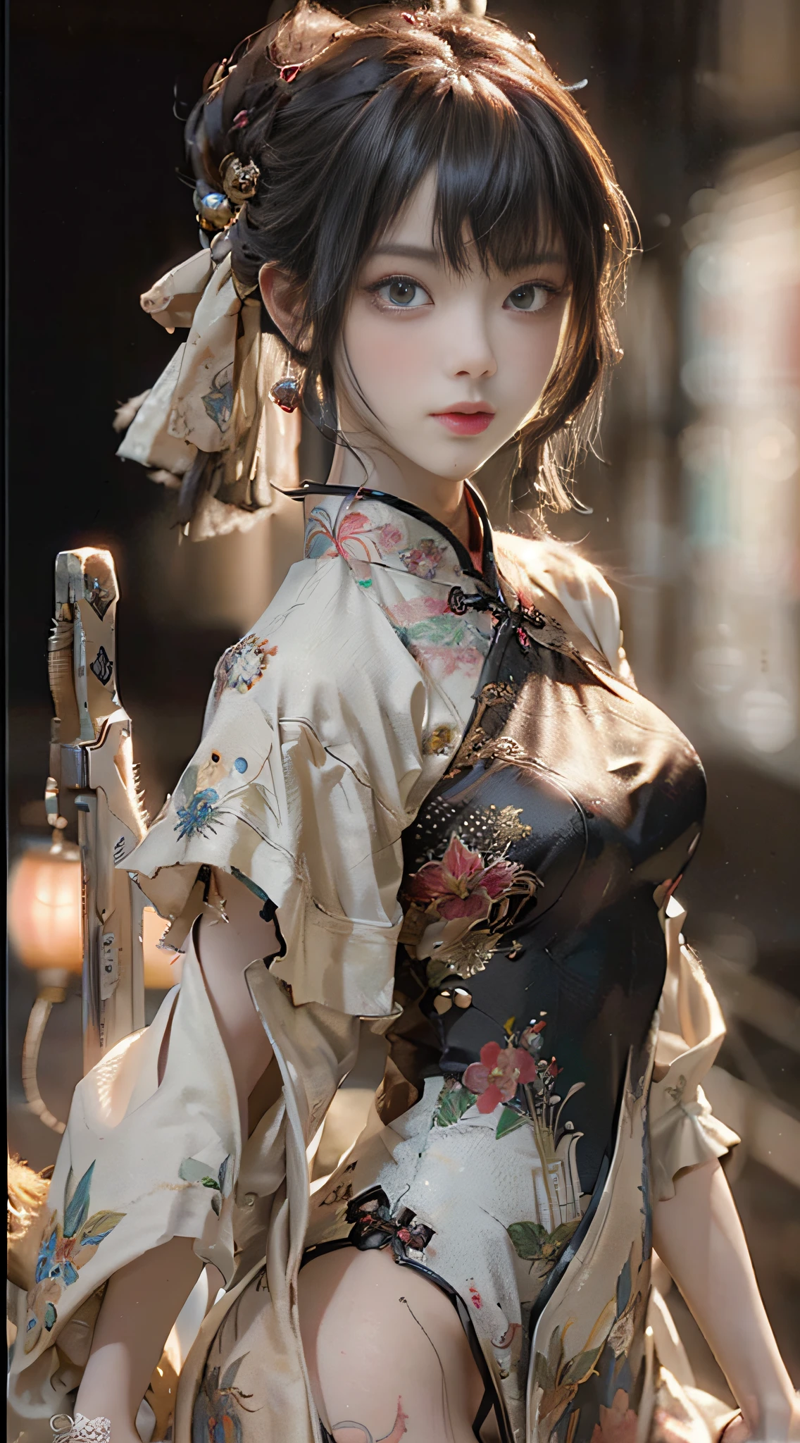 ((Best Quality)), ((Masterpiece)), (Details: 1.4), 3D, HDR (High Dynamic Range), Backlit, Battle-Damaged Maiden, A Girl in a Cheongsam Girl Who Looks Like She Came Out of Antiquity, But She Is Full of Cyberpunk Elements. Her expression was fierce, her eyes seemed to have endless anger, and the different degrees of scars and knife cuts all over her body made people feel awe. Maximum clarity and clarity, 8K RAW,