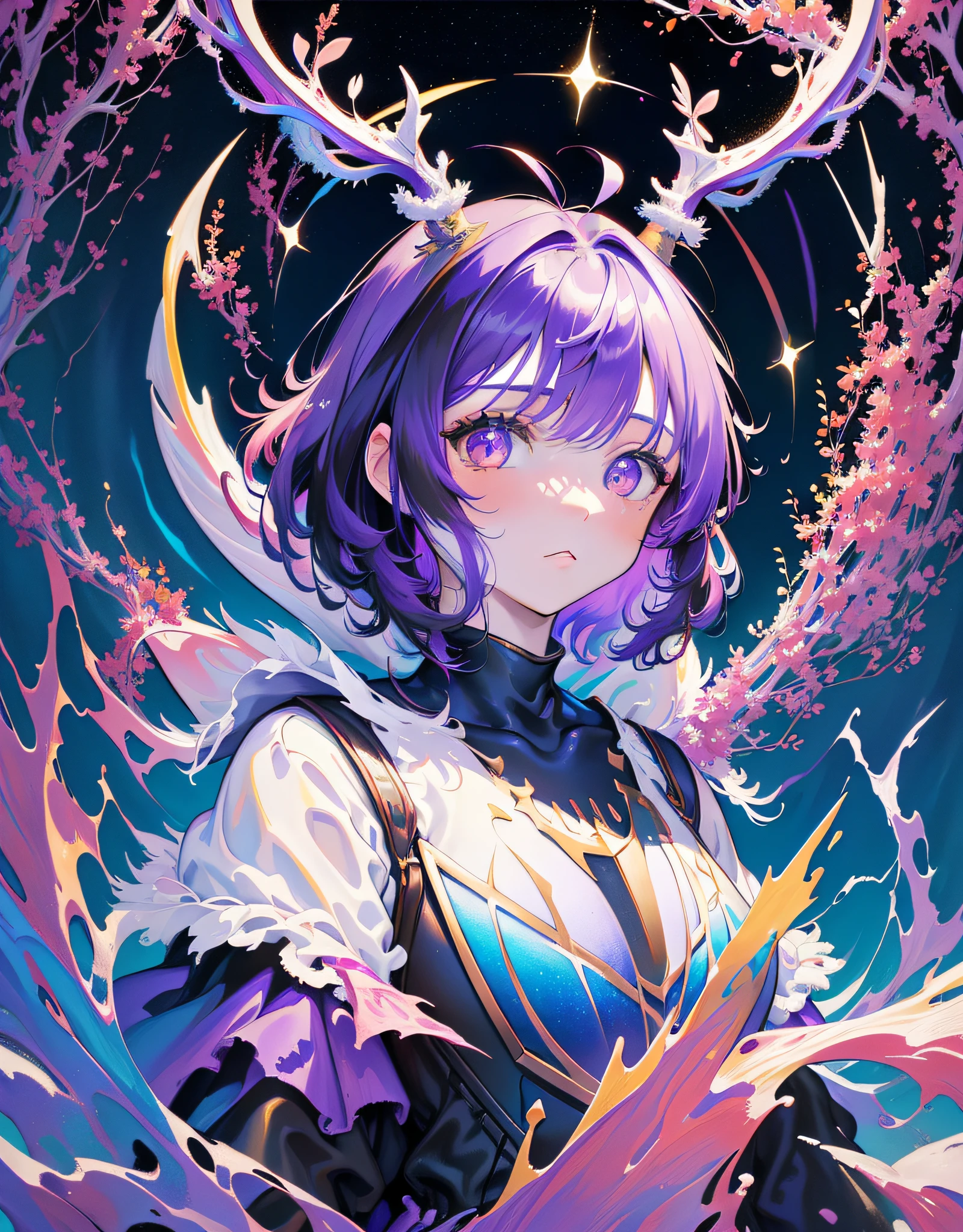 Knight Jackalope, short purple hair, jackalope antlers, dark armor(masterpiece, best quality)