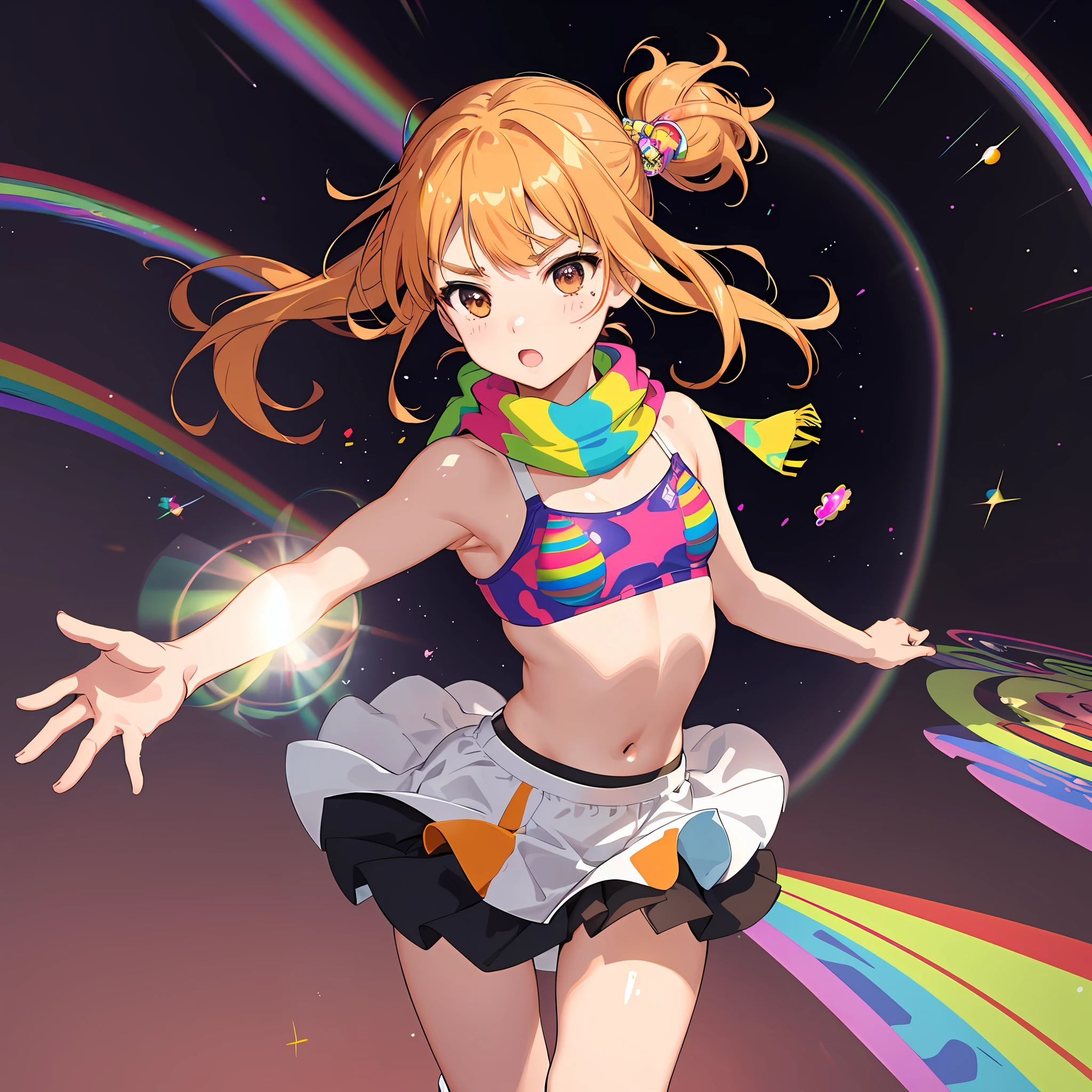 Running on a rainbow, Yayoi Kusama, active pose, feeling of speed, perspective, bokeh, fusion of low-rise pants and flared skirt, tube top bikini, unsymmetrical scarf, small, female brat, thick eyebrows, thin waist, pigtails, beautiful blonde, short bangs, (masterpiece), ((best quality)), (super detailed), girl, clean and detailed face, five fingers, textile shading, perfect human body structure, perfect anatomy,