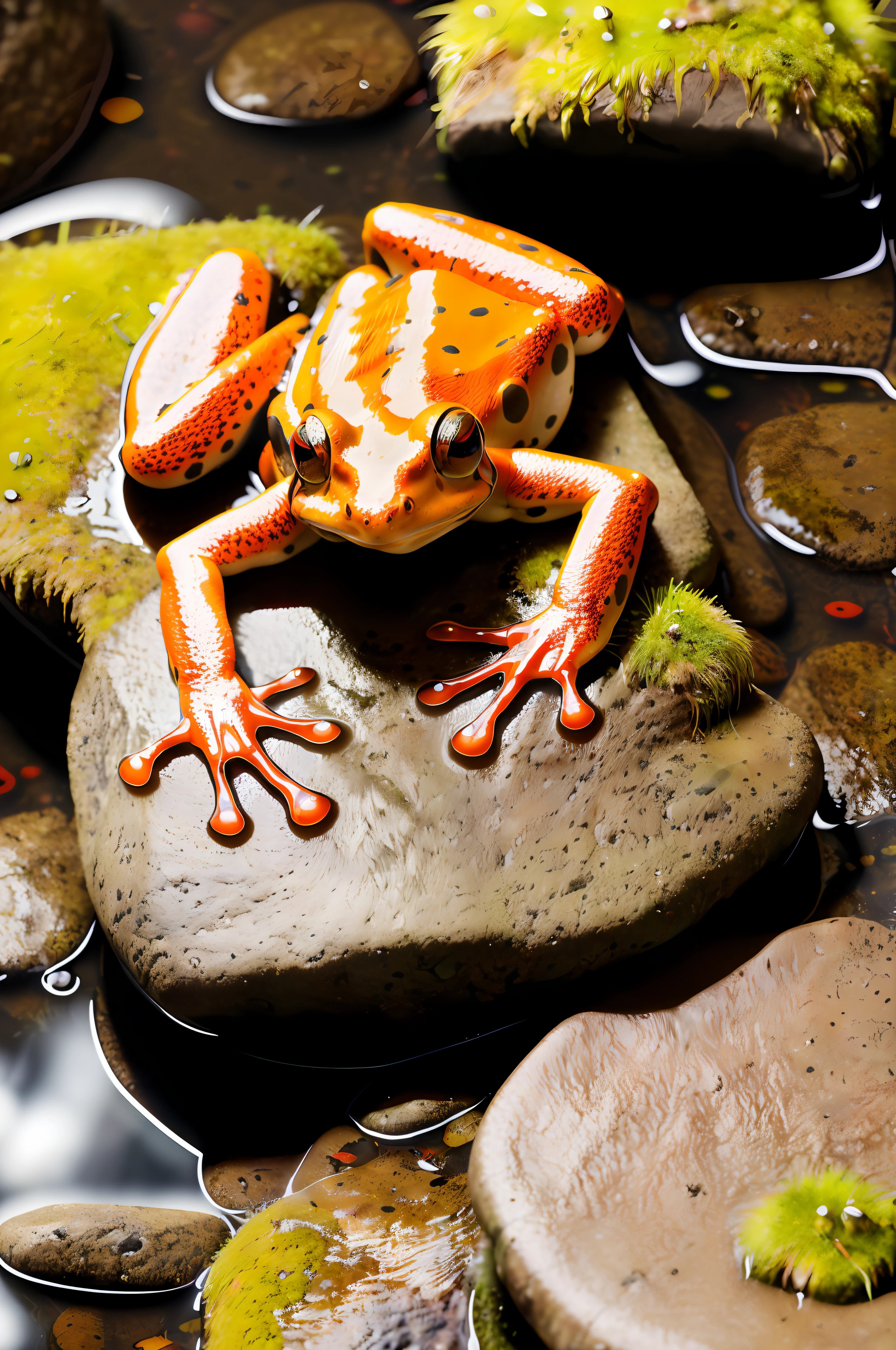 (64k, HDR, UHD), (photo of a red-black spotted forest frog sitting on a mossy stone: 1.2), ultra-high resolution, masterpiece, correct body proportions, rain, natural light, (Sony a7m4, f1.4, 20-250mm lens: 1.6),