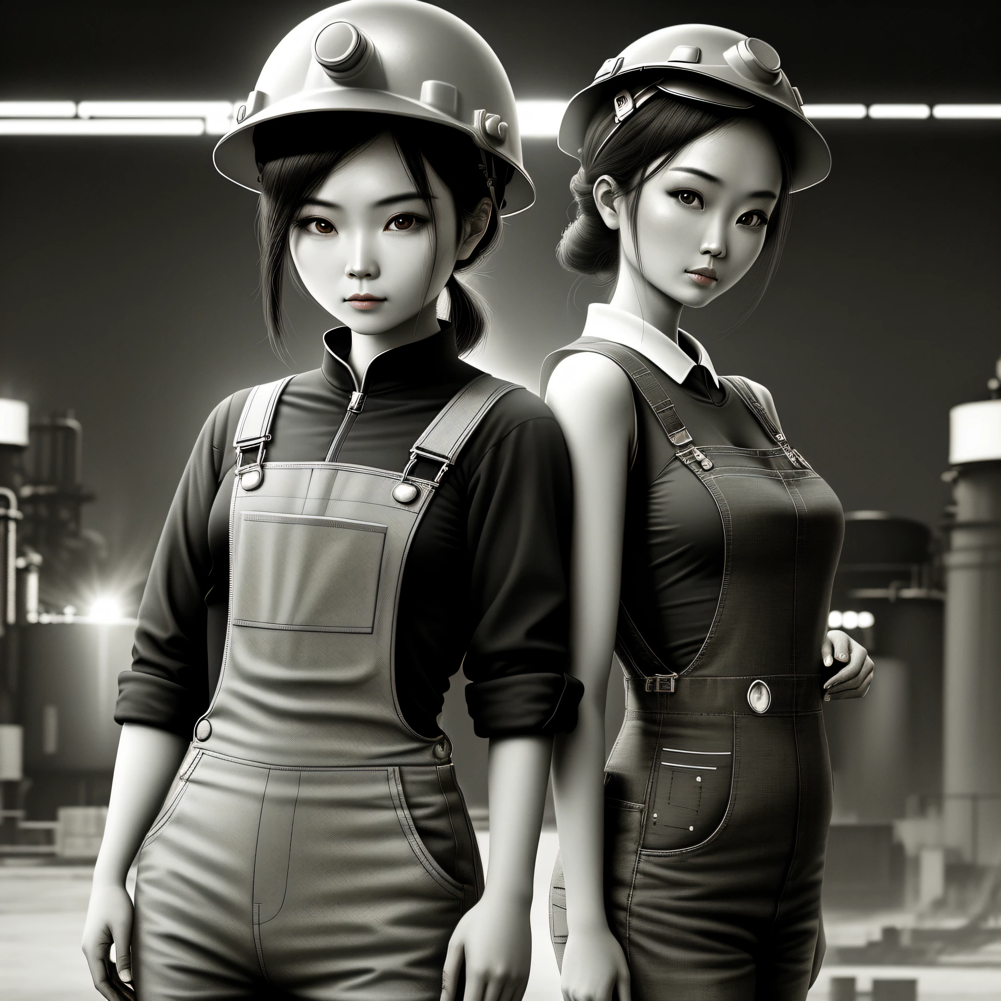 Wearing overalls, wearing safety helmet, Chinese, beauty, 1 person, thermal power plant, electrical equipment, high-tech lighting background, high resolution, duotone, cinematic tone.