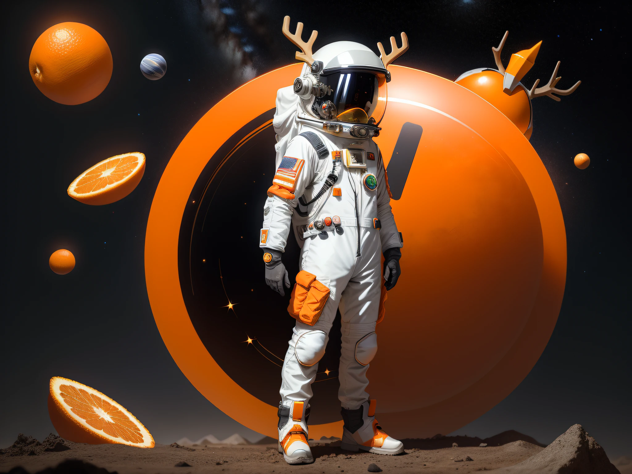 oranges, food, space, spacesuit, gray eyes, deer ears, pointed ears and antlers, formal astronauts, ski goggles and colored lights on spacesuits, orange healing stickers, nose healing stickers, solo piano, looking at you, presented full body on a simple background, standing, spacesuit in shoes, space helmet, on a gray background full of oranges.