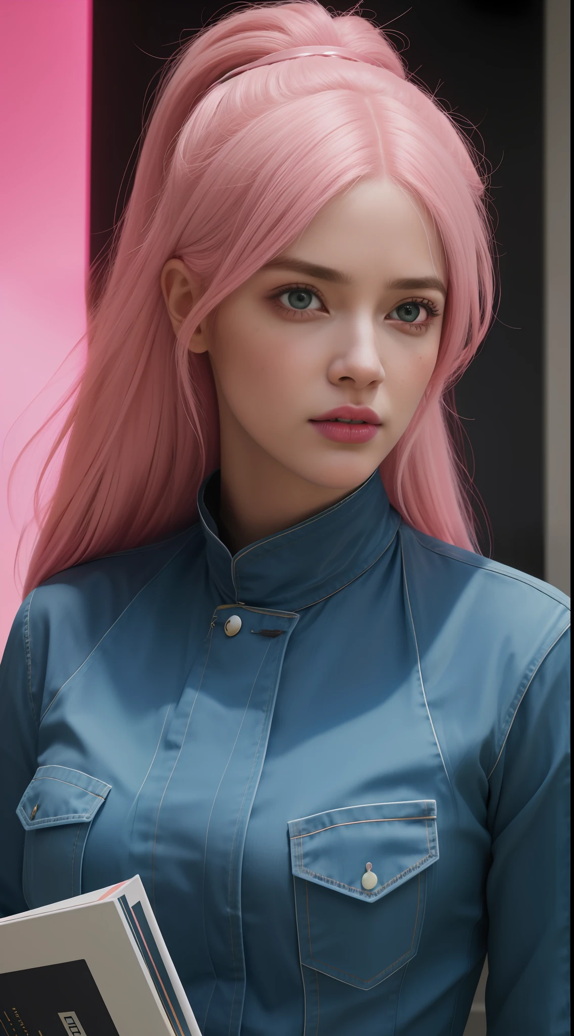 woman, solo, chef, pink hair, light pink eyes, detailed face, ([Elizabeth Banks|Adriana Lima|Salma Hayek]:0.85), (thepit style, uodenim style, stanleylau style, :0.9), masterpiece, professional, high quality, beautiful, amazing, sci-fi, ConceptArtWorld, chanchanko, Steve Dillon, Jean Giraud, photoshoot, 4k, realistic, detailed background, aspiring, real life,