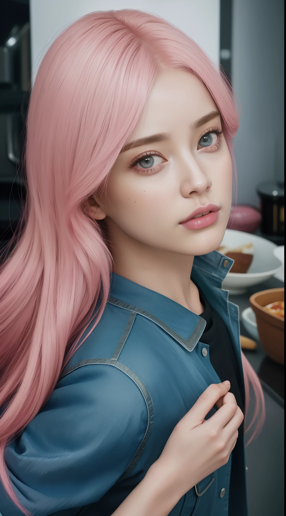 woman, solo, chef, pink hair, light pink eyes, detailed face, ([Elizabeth Banks|Adriana Lima|Salma Hayek]:0.85), (thepit style, uodenim style, stanleylau style, :0.9), masterpiece, professional, high quality, beautiful, amazing, sci-fi, ConceptArtWorld, chanchanko, Steve Dillon, Jean Giraud, photoshoot, 4k, realistic, detailed background, aspiring, real life,