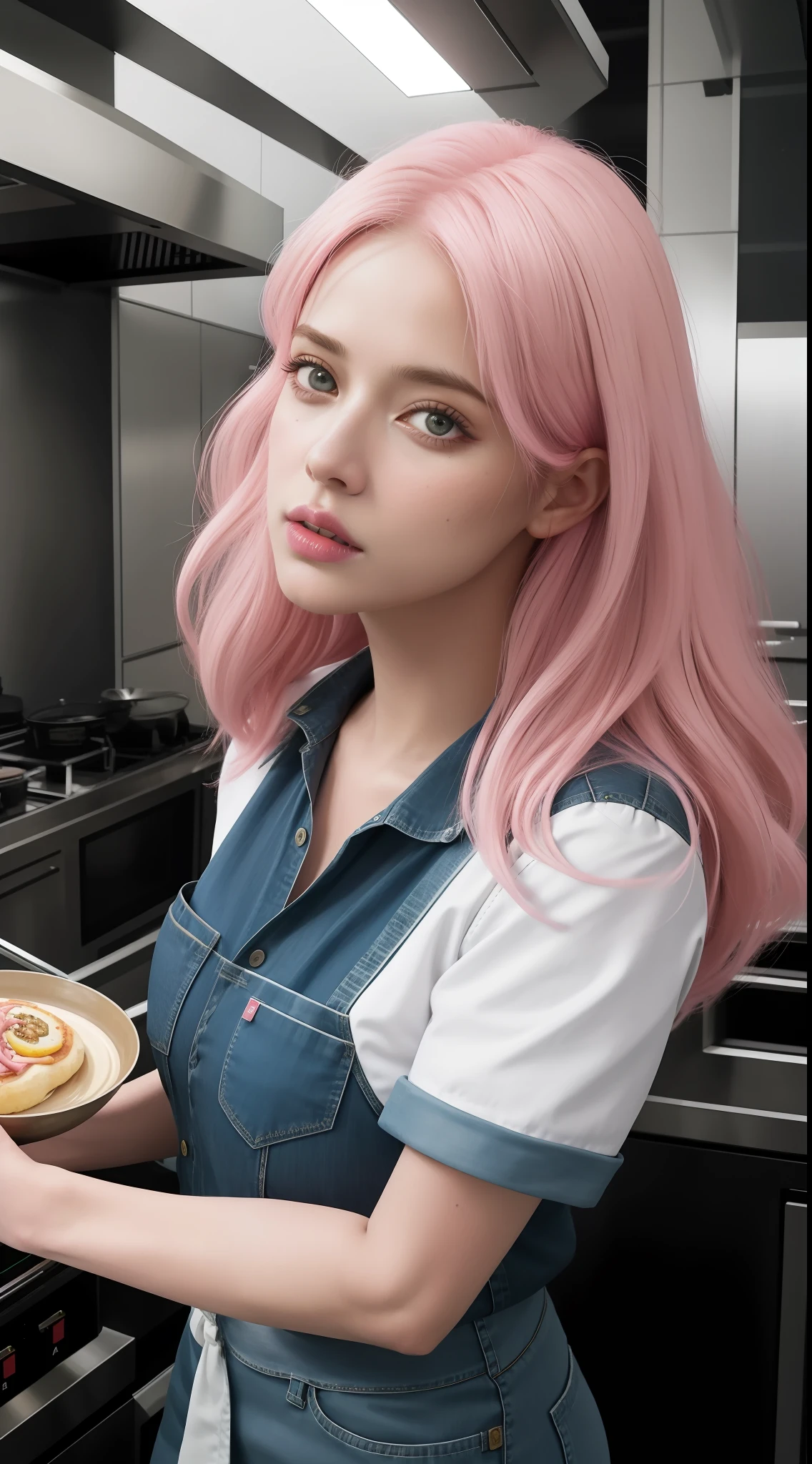 woman, solo, chef, pink hair, light pink eyes, detailed face, ([Elizabeth Banks|Adriana Lima|Salma Hayek]:0.85), (thepit style, uodenim style, stanleylau style, :0.9), masterpiece, professional, high quality, beautiful, amazing, sci-fi, ConceptArtWorld, chanchanko, Steve Dillon, Jean Giraud, photoshoot, 4k, realistic, detailed background, aspiring, real life,