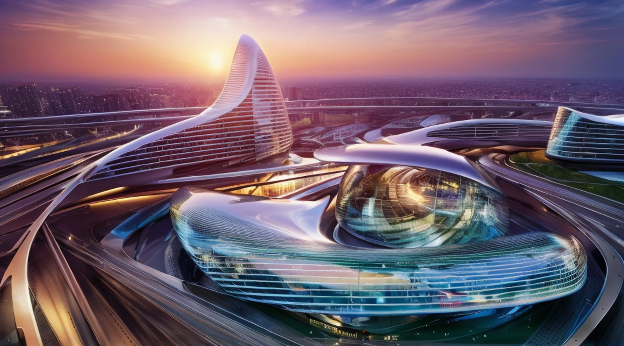 best quality, masterpiece,  people, clear sky, sunset or dawn,city center,  rain, zaha hadid, curve, flow，futuristic architecture visualization, giant museum, Avant-garde design, futuristic design, evening, Twinmotion Rendered, ray tracing rendered, concise, highly detailed, 8K, HDR, highest quality, sharp focus, photorealism --auto --s2