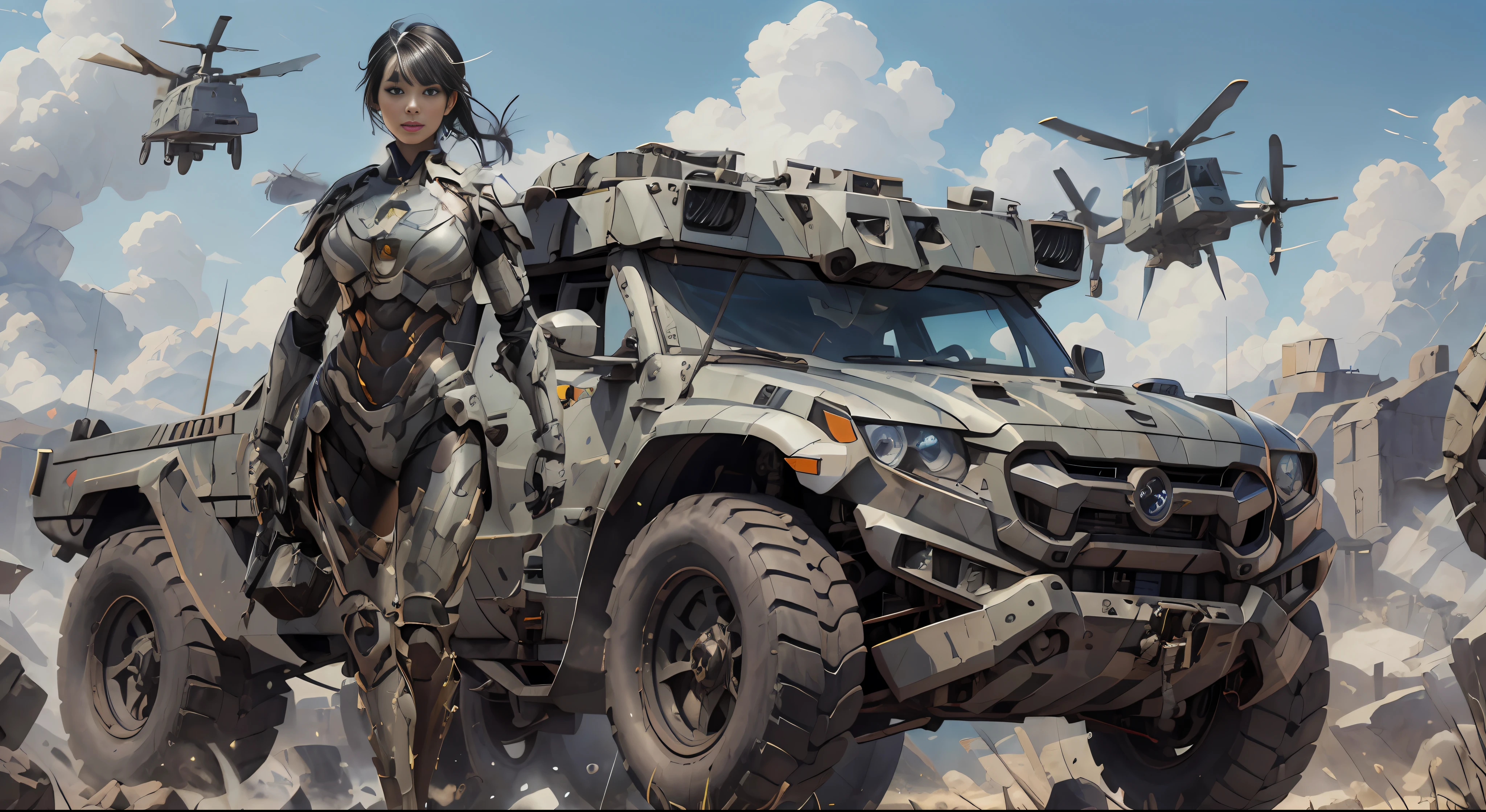 black hair, hair bobbles, longeyelashes, light smile, fang, solid circle eyes, Surrealism, drop shadow, anaglyph, stereogram, tachi-e, pov, atmospheric perspective, cinematic lighting, ray tracing, motion blur, speed lines, Realism, Hyperrealism, Surrealism, 8k, super detail, ccurate, best quality, anatomically correct, textured skin, highres, masterpiece, UHD, ccurate desert has a woman standing next to a military vehicle, mechanized soldier girl, anime art vehicle concept art, wojtek fus, girl wearing sci-fi military armor, 4K highly detailed digital art, mecha network armor, high quality digital concept art, mechanized art concept, concept art wallpaper 4K, mechanized Valkyrie girl