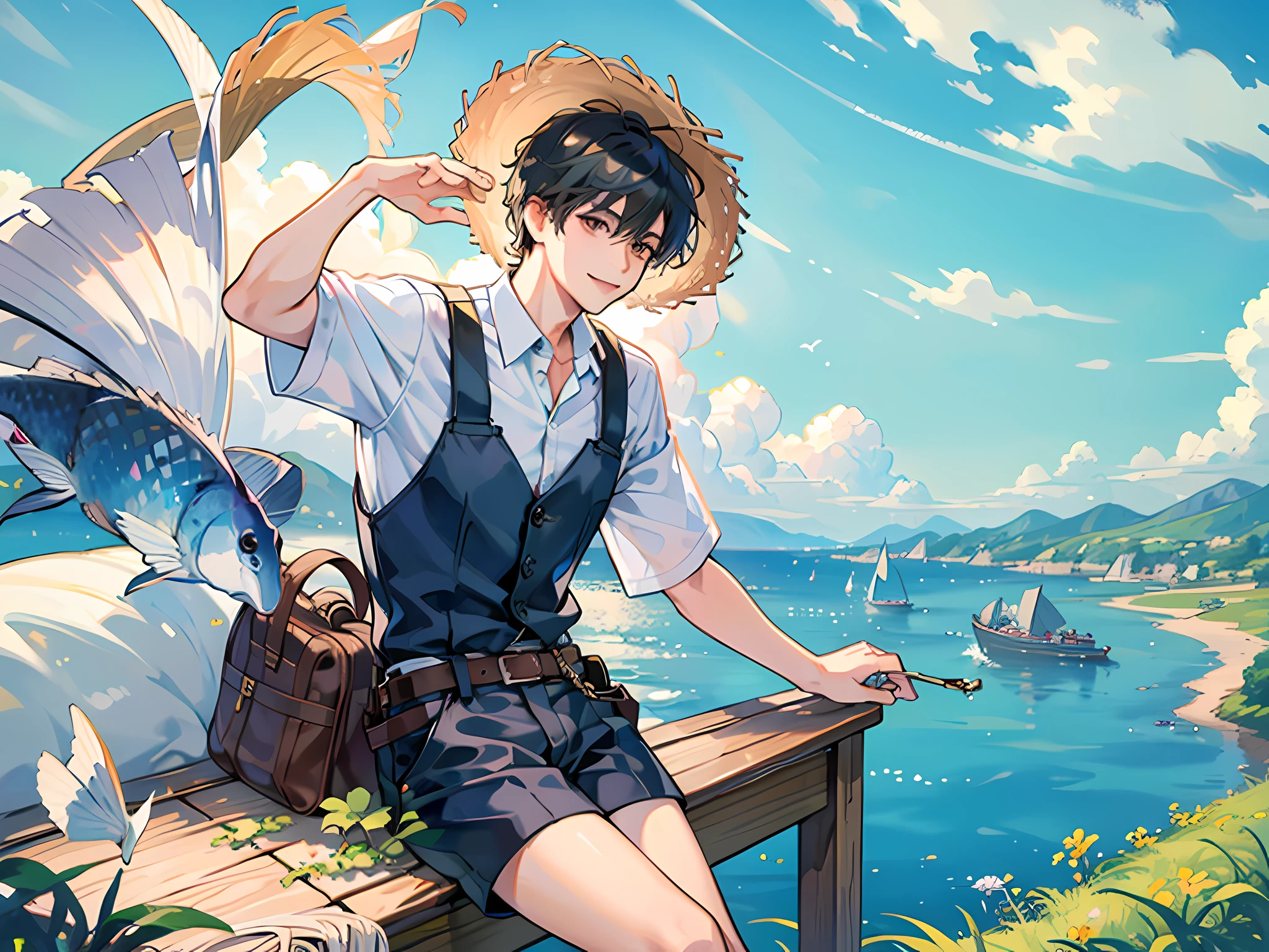 Man with money in his hand, short-sleeved shorts, straw hat, happy, countryside, fish pond, daytime, wind and sun, seaside