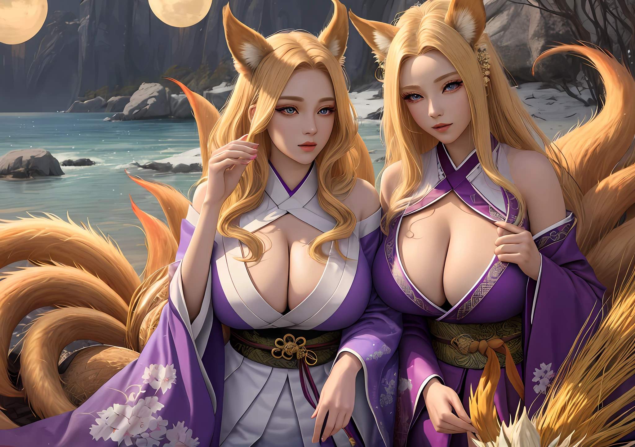 Masterpiece, best quality, high detailed, beautiful face, face detailed description, Ultra-detailed face, Detailed eyes, aspec ratio 16:9, ((1girl, a female blonde with nine tails, nine tails)), delicate and fine, (mystical creatures), massive breast, wearing purple kimono, seductive, varied pose, perfect body, perfect face, plump boobs, perfect boobs, perfect anatomy, fantasy