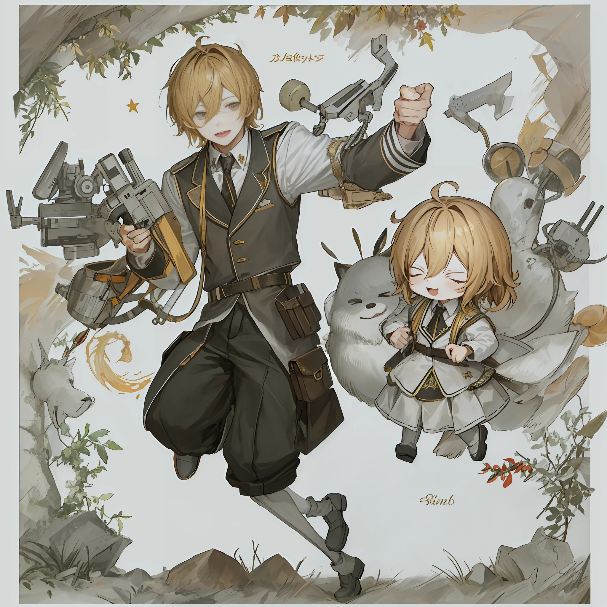 Boy, eighteen , colorful, beautiful, full body and face close-up. Handsome, character design, sunny and cheerful, chibi, blonde hair, uniform