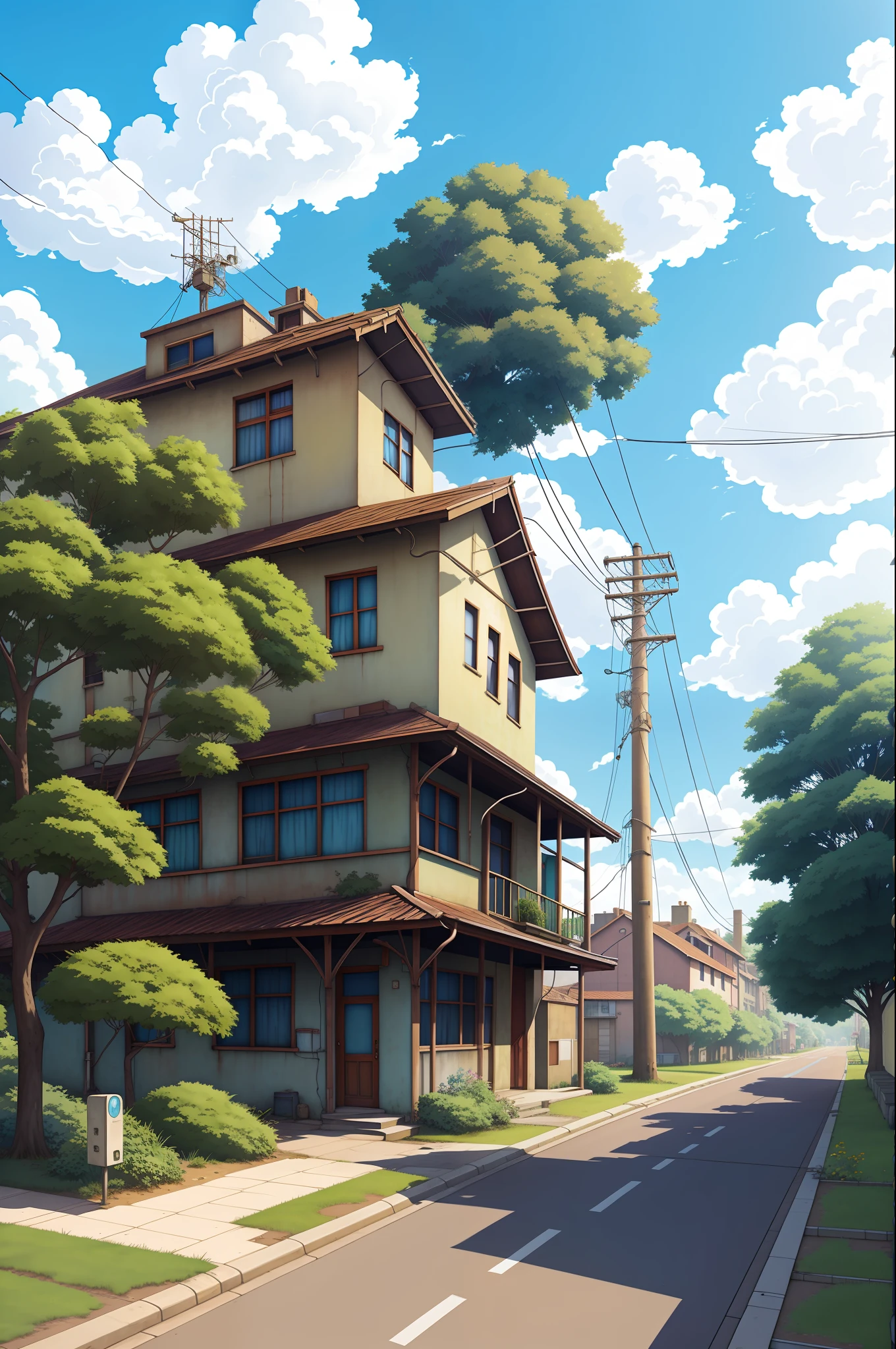 hyper realism, (anime Makoto Shinkai:0.4), old shabby house in city street, building, sky, cloud, day, scenery, tree, blue sky, sign, no humans, power lines, house, english text, railing, wide shot,