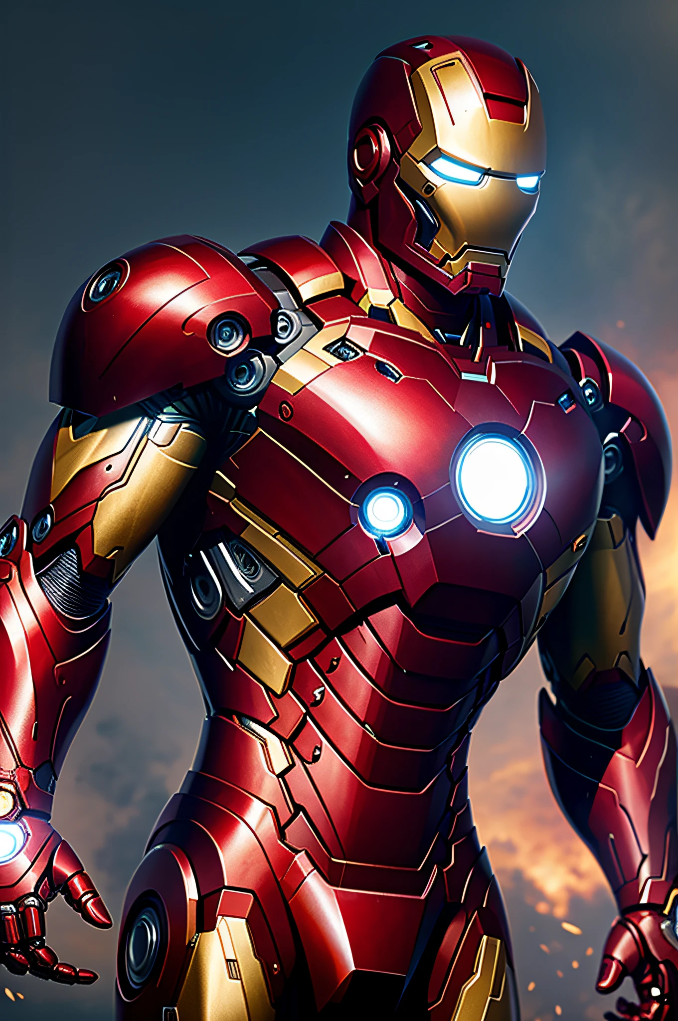 (8k, RAW Photo, Best Quality, Masterpiece: 1.2), Hyperdetail, Formal Art, Realism: 1.37, Upper Body Shot, Marvel Iron Man, Film Grain, Action Pose, 8K,